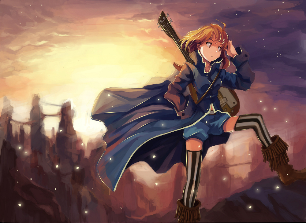 zhuxiao517, hirasawa yui, k-on!, bad id, bad pixiv id, 1girl, artistic error, boots, brown eyes, brown hair, coat, female focus, guitar, instrument, outdoors, short hair, sky, solo, striped clothes, striped thighhighs, thighhighs, vertical-striped clothes, vertical-striped thighhighs