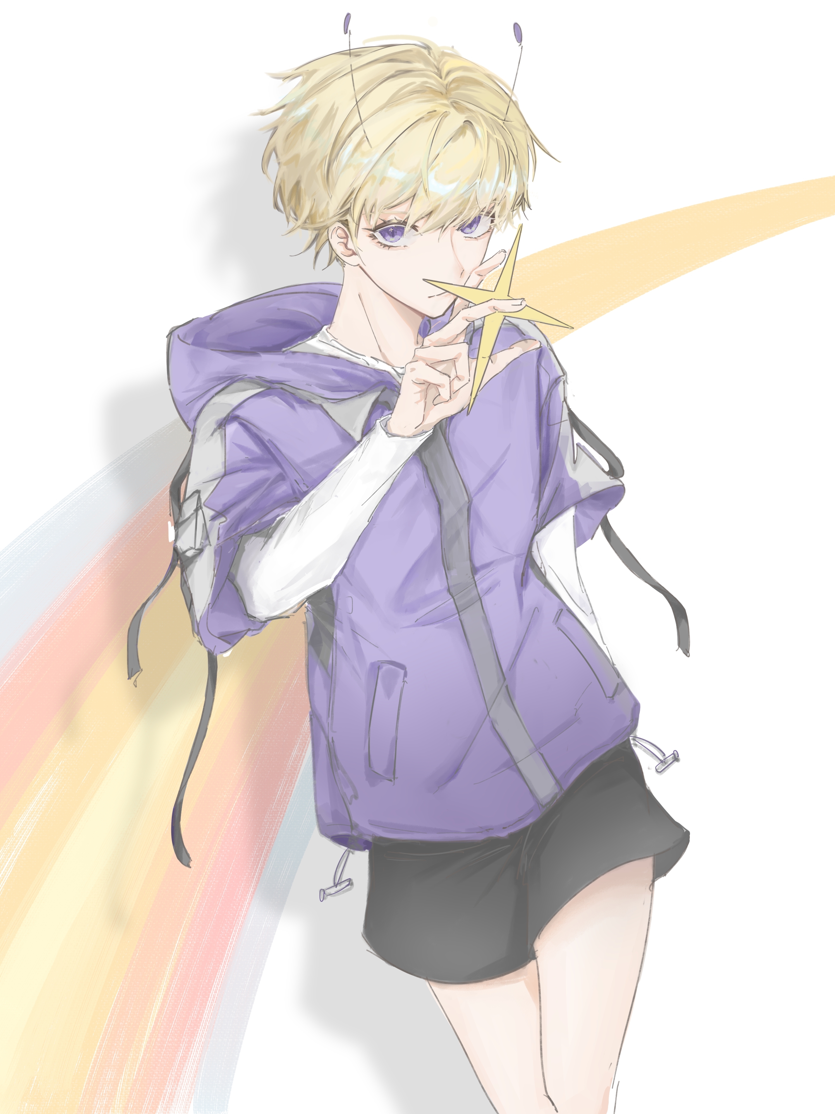 minecraft youtube, absurdres, chinese commentary, commentary request, highres, 1boy, adapted costume, aegyo sal, alien, androgynous, animification, antennae, bishounen, black shorts, blonde hair, cowboy shot, hood, hood down, hoodie, jiujiechenxiang, layered sleeves, long sleeves, looking at viewer, male focus, purple eyes, purple hoodie, purpled, short hair, short sleeves, shorts, simple background, star (symbol), thick eyelashes, white background