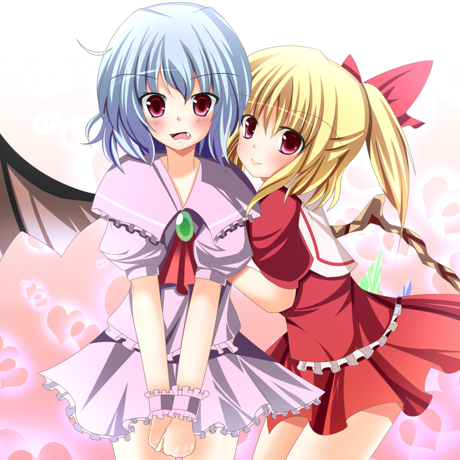 lio (maguri), flandre scarlet, remilia scarlet, touhou, bad id, bad pixiv id, highres, 2girls, blonde hair, blue hair, blush, fang, female focus, multiple girls, red eyes, short hair, siblings, side ponytail, sisters, smile, wings, wrist cuffs