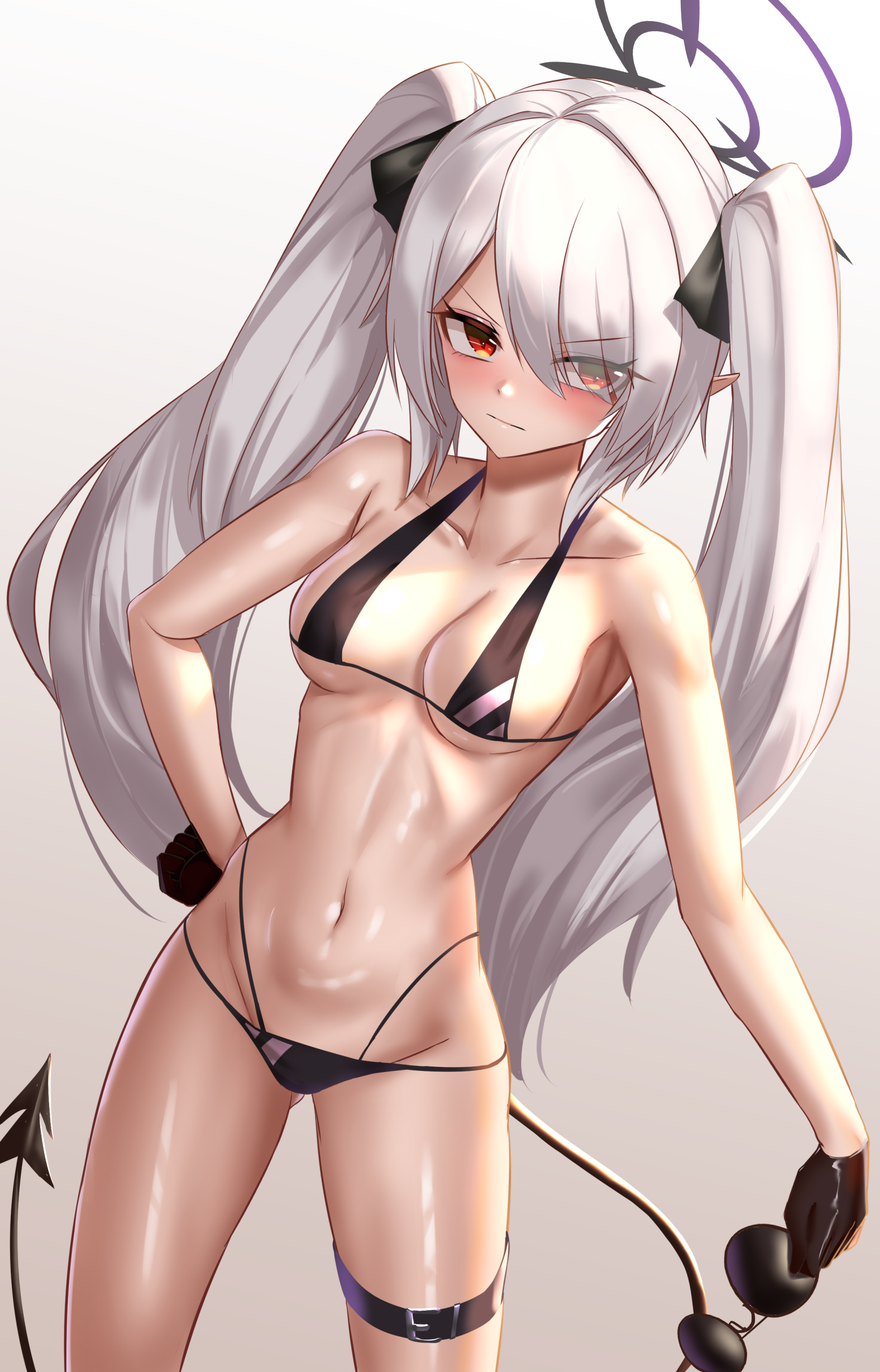 threeboon, iori (blue archive), iori (swimsuit) (blue archive), blue archive, absurdres, commentary, highres, 1girl, bikini, black bikini, black gloves, blush, breasts, collarbone, dark-skinned female, dark skin, demon girl, demon tail, gloves, hair ornament, hair over one eye, halo, holding, holding removed eyewear, legband, long hair, navel, orange eyes, pointy ears, purple halo, solo, swimsuit, tail, twintails, unworn eyewear, white hair