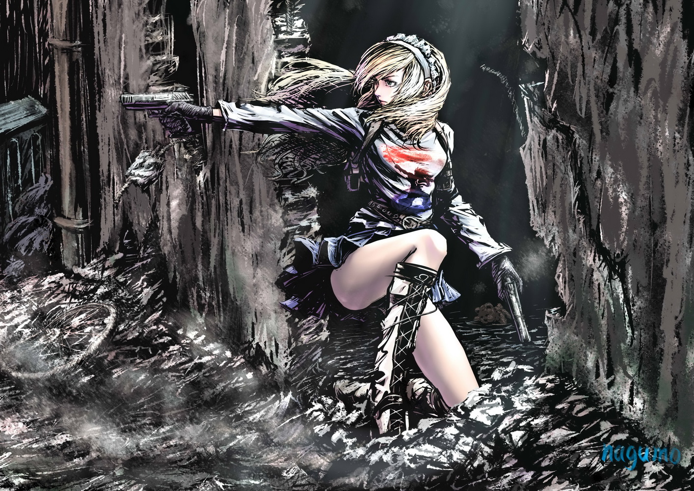 nagumo (qmzp10), reanbell, end of eternity, 1girl, blonde hair, boots, dual wielding, female focus, gloves, gun, hairband, handgun, holding, long hair, on one knee, pistol, solo, weapon