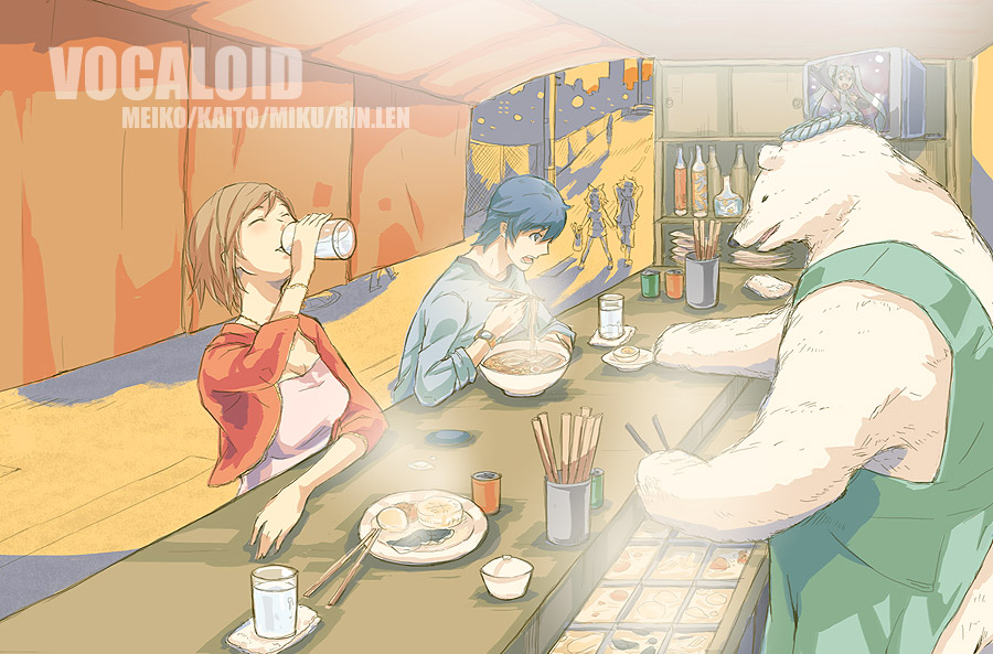 qqpp (dob), hatsune miku, kagamine len, kagamine rin, kaito (vocaloid), meiko (vocaloid), polar bear chaos, vocaloid, bad id, bad pixiv id, 2boys, 2girls, bear, blue hair, character name, copyright name, drinking, eating, egg, egg (food), evening, food, food stand, hardboiled egg, multiple boys, multiple girls, noodles, ramen, short hair, siblings, soup, television, twins