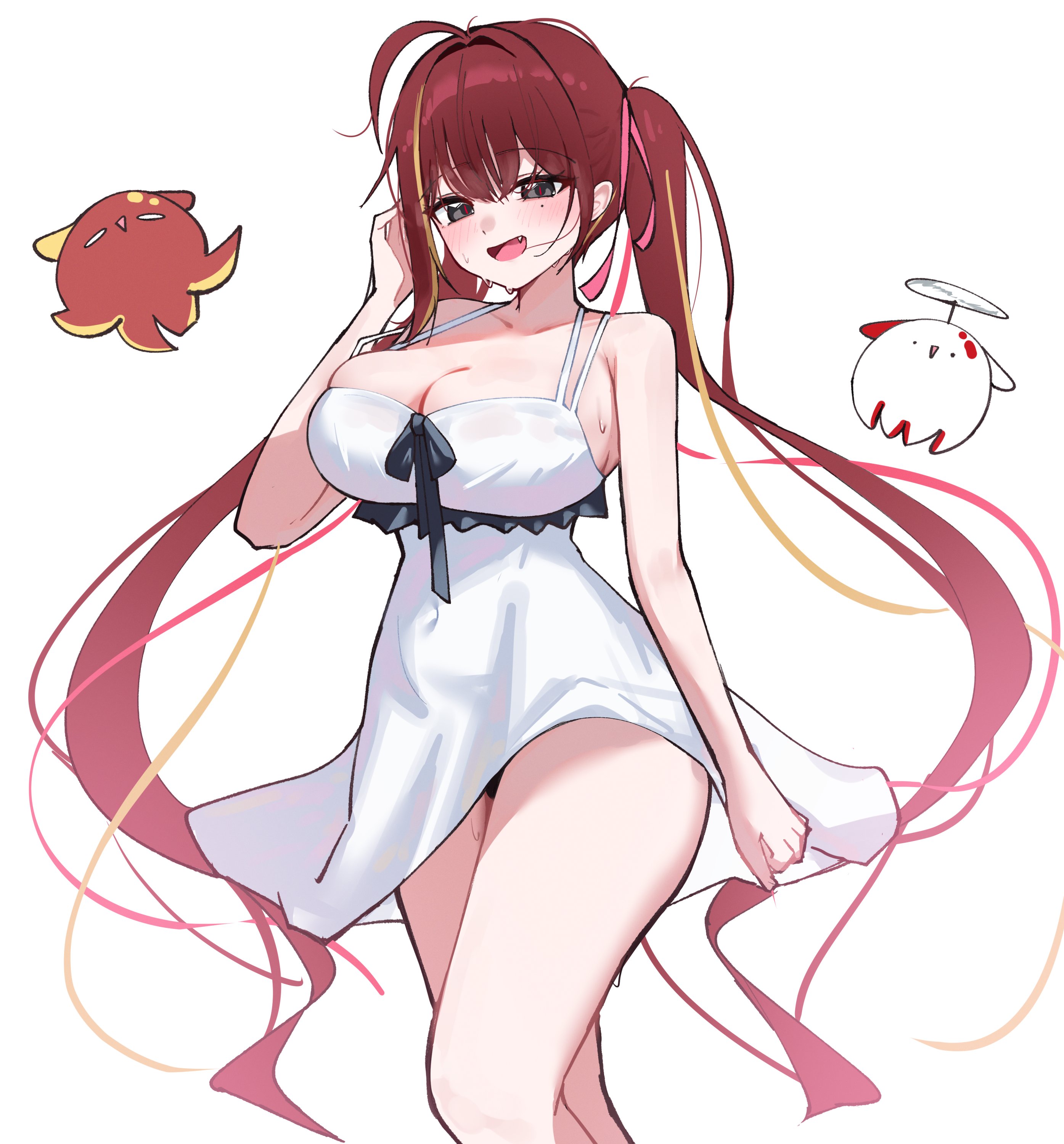 yeomhwauranyum, akane lize, stellive, absurdres, hashtag-only commentary, highres, 1girl, ahoge, arm at side, black panties, black ribbon, breasts, cleavage, covered navel, creature, double-parted bangs, dress, dress ribbon, fang, feet out of frame, grey eyes, hair intakes, hand up, large breasts, long hair, mole, mole under eye, multicolored hair, open mouth, panties, panty peek, pantyshot, pienna (akane lize), red hair, red pupils, ribbon, short dress, simple background, sleeveless, sleeveless dress, slit pupils, smile, solo, streaked hair, sweat, sweaty clothes, twintails, underwear, very long hair, virtual youtuber, walking, white background, white dress