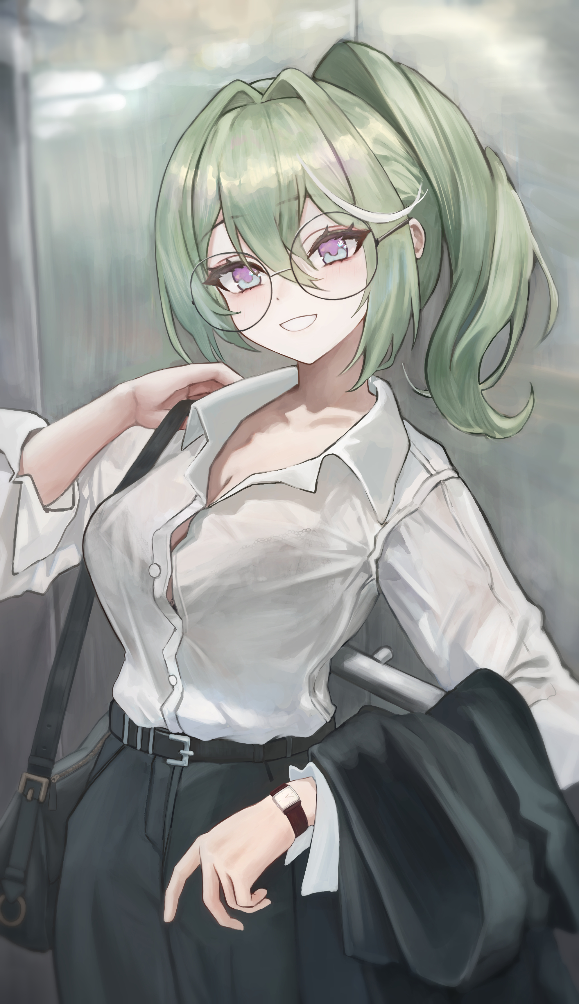 aray 1010, yuzuha riko, stellive, absurdres, commentary, highres, symbol-only commentary, 1girl, bag, belt, belt buckle, black belt, black bra, black jacket, black pants, bra, bra visible through clothes, breasts, buckle, button gap, cleavage, collared shirt, cowboy shot, double-parted bangs, glasses, green hair, grin, hair between eyes, hair intakes, hand up, holding, holding unworn clothes, jacket, large breasts, long bangs, long sleeves, looking at viewer, medium hair, multicolored hair, office lady, pants, round eyewear, shirt, shirt tucked in, shoulder bag, side ponytail, smile, solo, standing, streaked hair, thick thighs, thighs, underwear, unworn jacket, virtual youtuber, watch, white shirt, wing collar, wristwatch