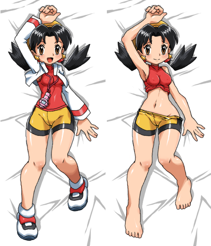 hun (uyonis), kris (pokemon), nintendo, pokemon, pokemon adventures, lowres, 1girl, barefoot, bike shorts, dakimakura (medium), knees together feet apart, lying, midriff, multiple views, no bra, no panties, pokegear, smile, undressing