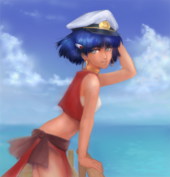 furuhashi, furuhashi mihiro, nadia la arwall, fushigi no umi no nadia, bad id, bad pixiv id, 1990s (style), 1girl, alternate headwear, arm up, bandeau, bare shoulders, blue eyes, blue hair, bob cut, cloud, dark-skinned female, dark skin, day, earrings, female focus, hair ornament, hairclip, hat, jewelry, loincloth, looking back, matching hair/eyes, midriff, neck ring, ocean, outdoors, peaked cap, pelvic curtain, railing, retro artstyle, short hair, sky, smile, solo, strapless, tan, tube top, vest