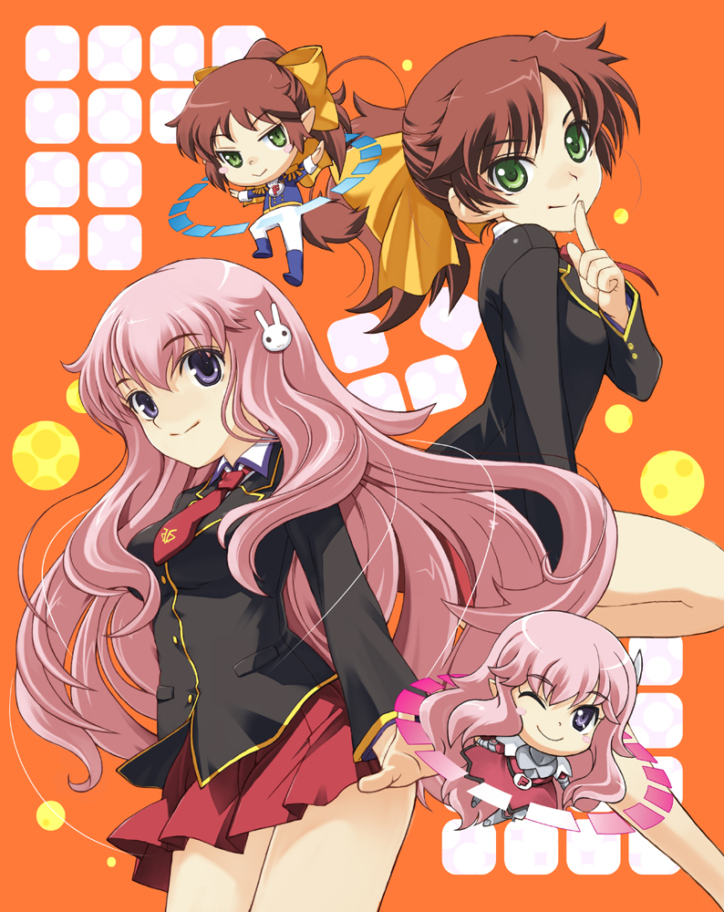 hirokiku, himeji mizuki, shimada minami, baka to test to shoukanjuu, brown hair, chibi, finger to mouth, green eyes, pink hair, purple eyes, school uniform, skirt, smile, wink