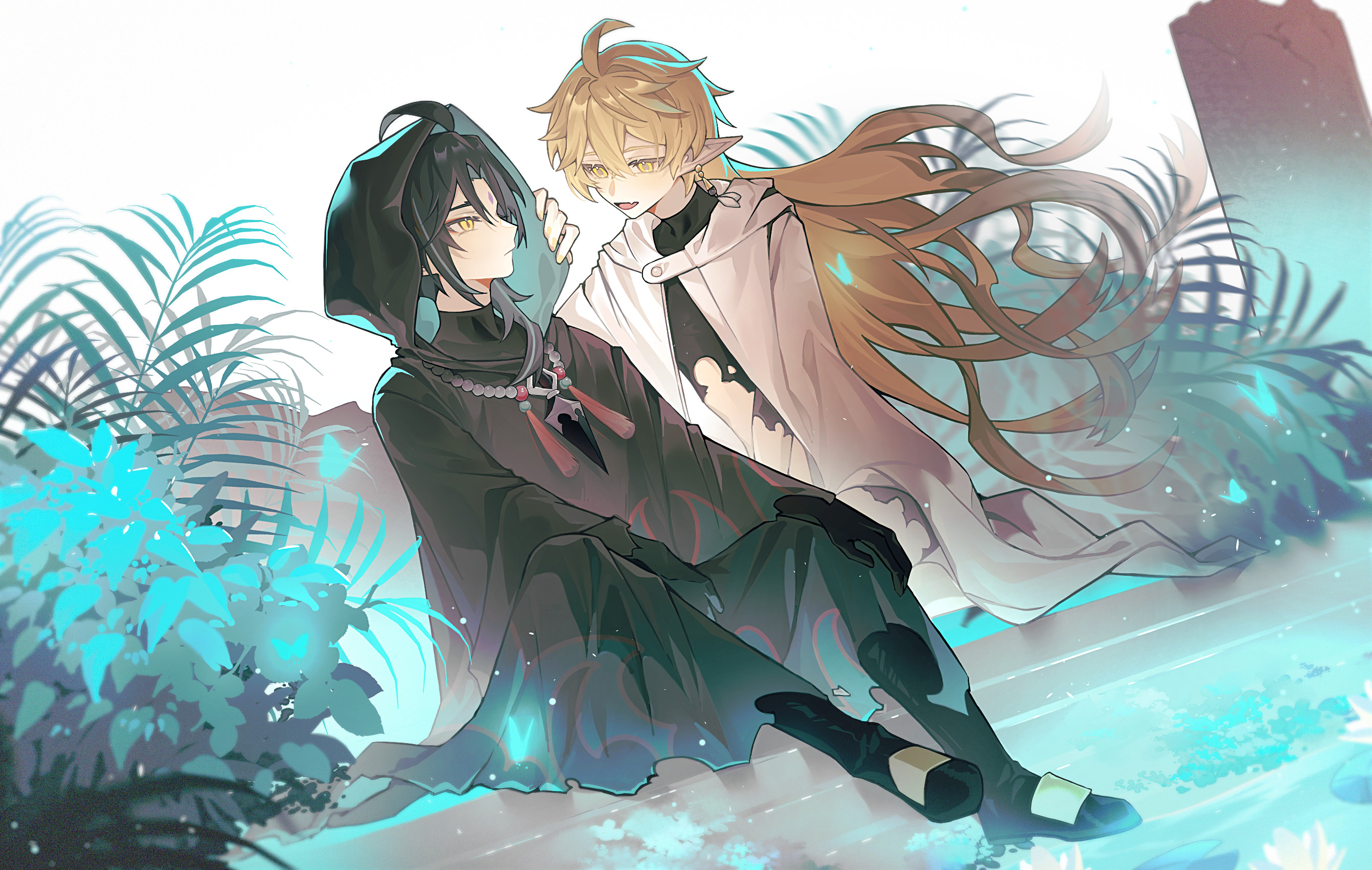 443420884, aether (genshin impact), xiao (genshin impact), genshin impact, commentary request, highres, 2boys, ahoge, black gloves, blonde hair, closed mouth, earrings, gloves, hood, hood up, jewelry, long hair, looking at viewer, male focus, multiple boys, necklace, open mouth, pearl necklace, pointy ears, single earring, sitting, torn clothes, yaoi, yellow eyes