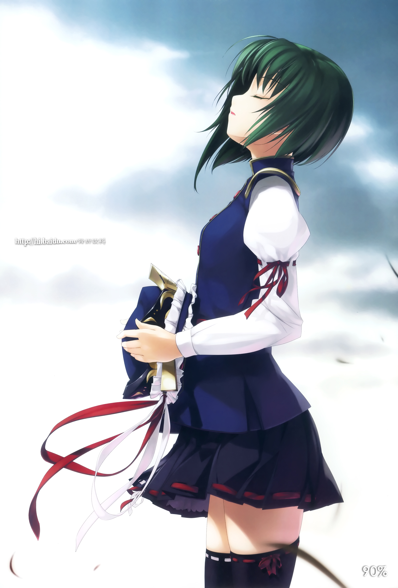 rokuwata tomoe, shiki eiki, touhou, absurdres, duplicate, highres, 1girl, day, female focus, green hair, hat, holding, holding unworn clothes, holding unworn hat, miniskirt, short hair, skirt, solo, thighhighs, unworn hat, unworn headwear, watermark