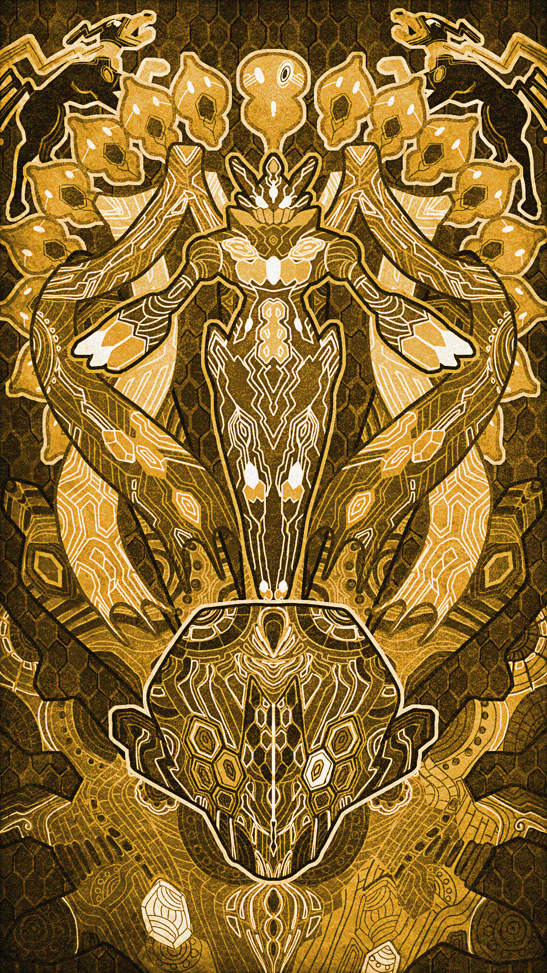 miyagawa (maxggguys), zygarde, zygarde (complete), zygarde cell, zygarde core, nintendo, pokemon, commentary request, highres, gen 6 pokemon, honeycomb (pattern), legendary pokemon, monochrome, no humans, open mouth, outline, pokemon (creature), pokemon focus, white outline, yellow theme, zygarde (10), zygarde (50)