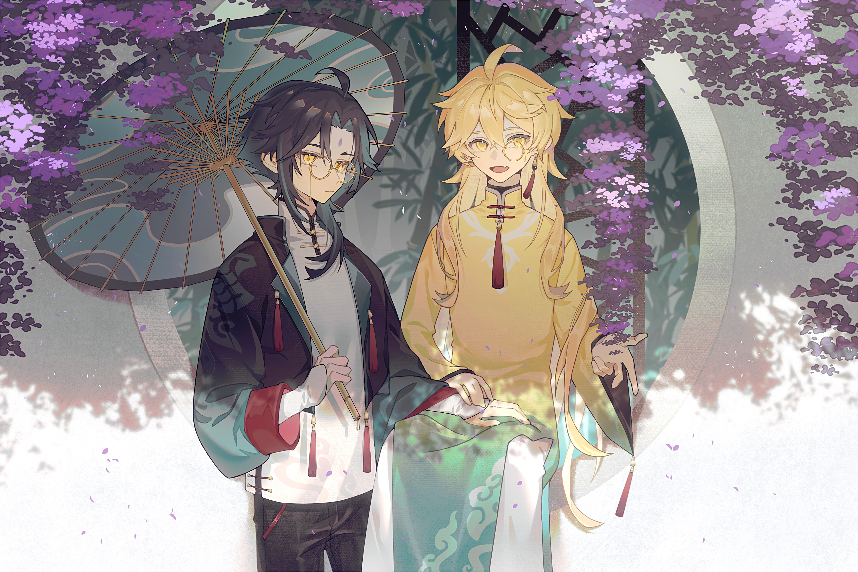 443420884, aether (genshin impact), xiao (genshin impact), genshin impact, commentary request, highres, 2boys, ahoge, blonde hair, closed mouth, earrings, glasses, hand on another's lap, jacket, jewelry, long sleeves, looking at viewer, male focus, monocle, multiple boys, oil-paper umbrella, open mouth, single earring, umbrella, yellow eyes