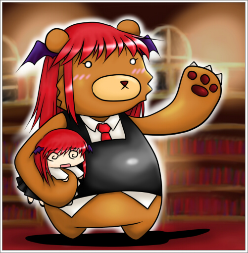 reguhon, koakuma, kuma-koa, embodiment of scarlet devil, touhou, 1girl, @ @, bat wings, bear, chibi, female focus, full body, head wings, indoors, long hair, necktie, pun, red hair, standing, wings