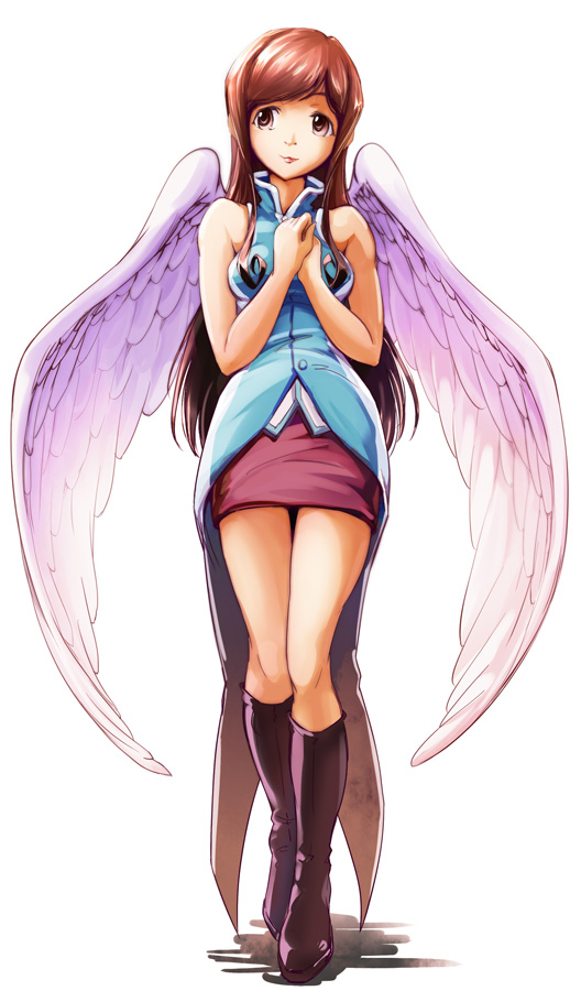 moupii (hitsuji no ki), tomoko (mousoup), original, 1girl, boots, brown eyes, brown hair, female focus, legs, long hair, pencil skirt, skirt, solo, wings