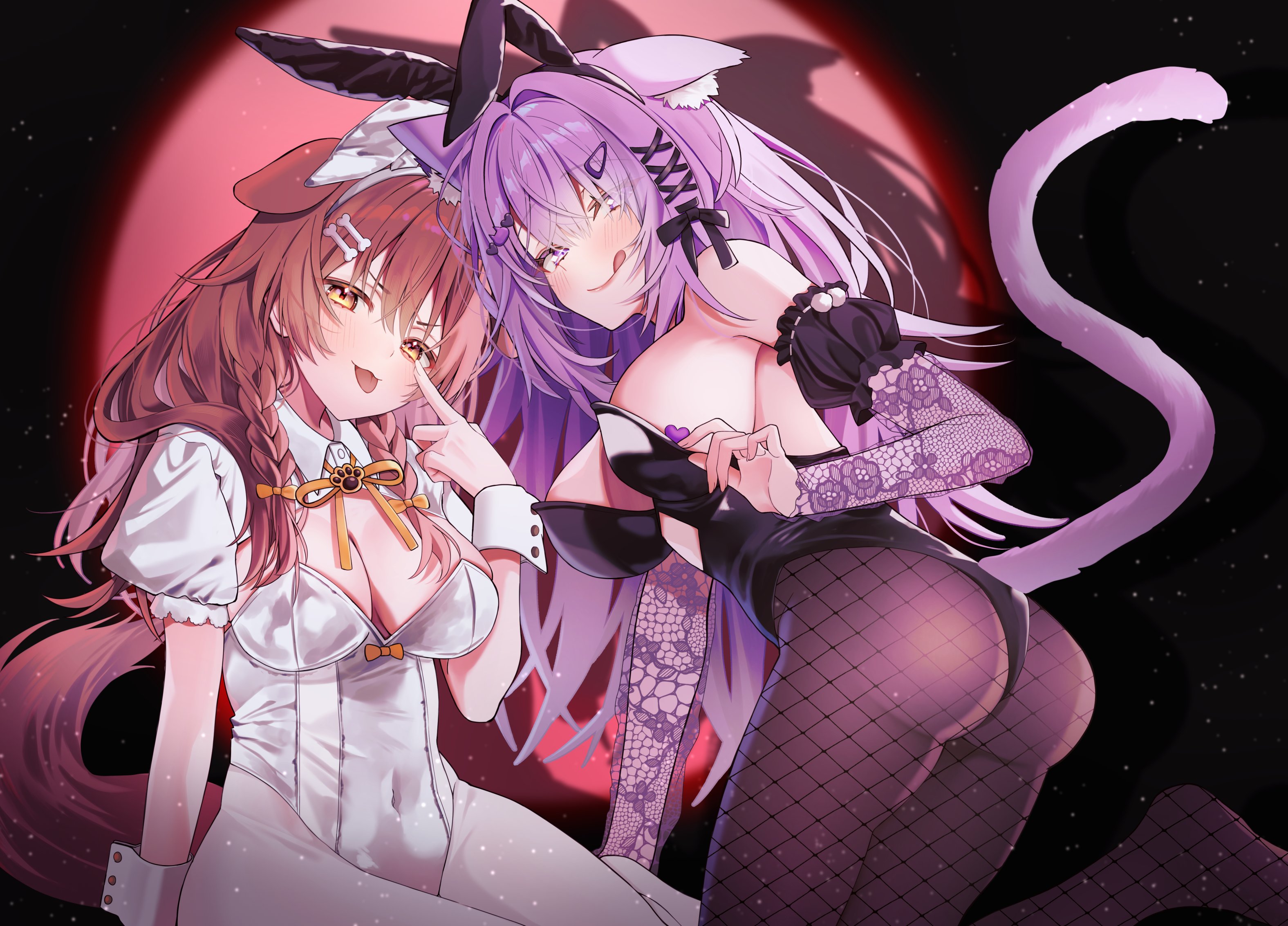 maki oimo, inugami korone, nekomata okayu, hololive, commentary request, highres, 2girls, animal ears, bare shoulders, black leotard, blush, breasts, brown eyes, brown hair, brown tail, cat ears, cat girl, cat tail, cleavage, dog ears, dog girl, dog tail, fake animal ears, fishnet pantyhose, fishnets, large breasts, leotard, long hair, multiple girls, pantyhose, playboy bunny, purple eyes, purple hair, purple tail, rabbit ears, shadow, strapless, strapless leotard, tail, tongue, tongue out, virtual youtuber, white leotard, white pantyhose