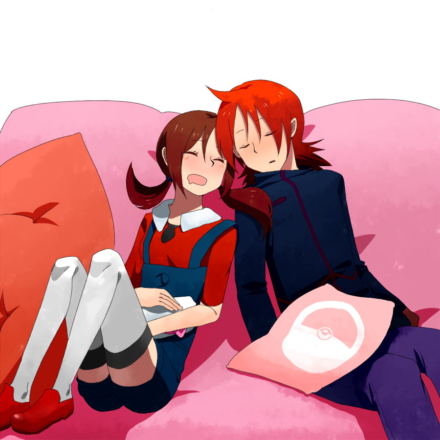 rinkufuri, lyra (pokemon), silver (pokemon), nintendo, pokemon, pokemon hgss, 00s, 1boy, 1girl, ahoge, blush, brown hair, closed eyes, couple, hetero, long hair, open mouth, overalls, pillow, red hair, saliva, short hair, short twintails, sleeping, thighhighs, twintails, white thighhighs, zettai ryouiki