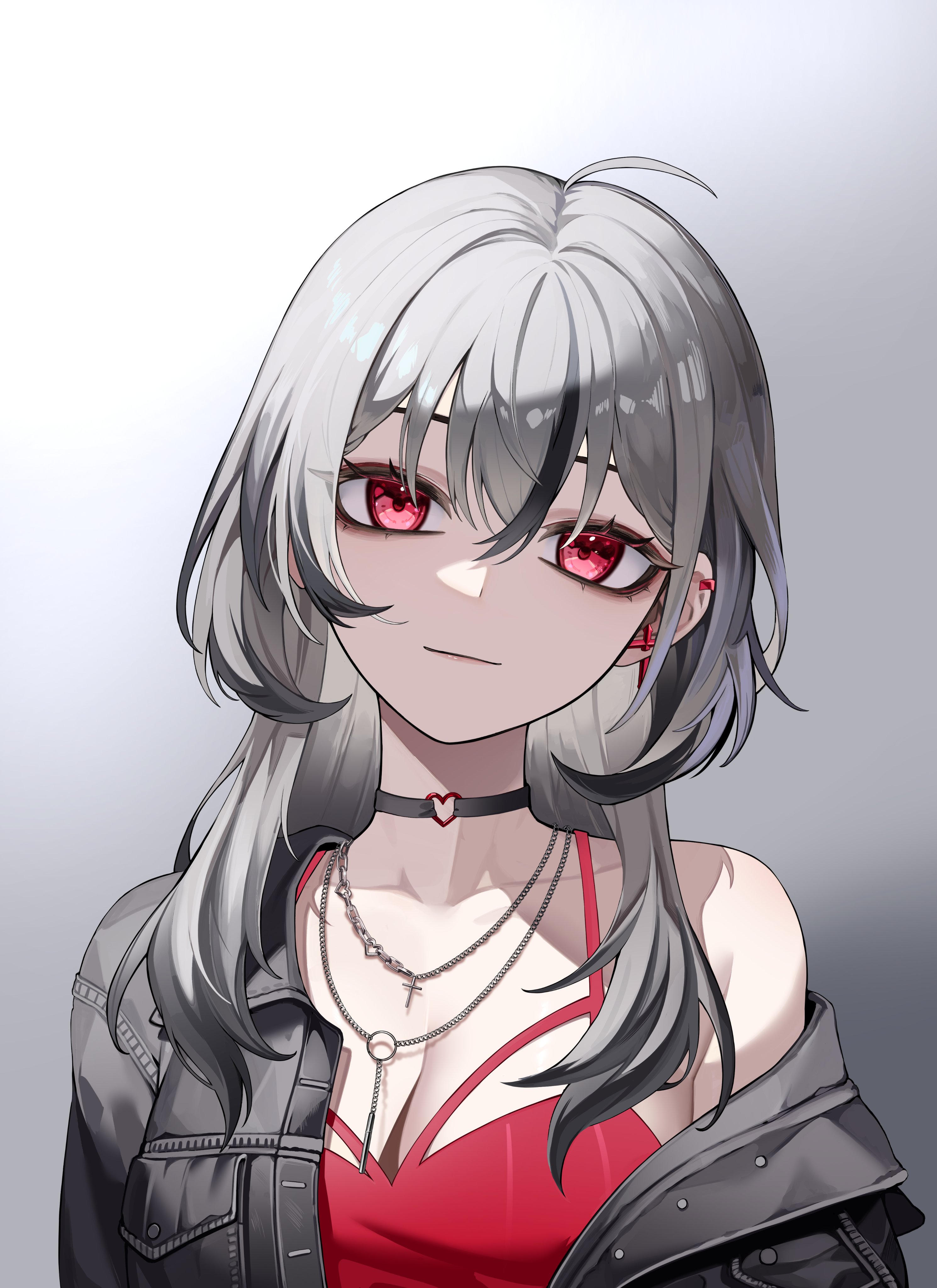 baegsaeg waesyong, ohwayo, project [i], absurdres, commentary request, highres, korean commentary, 1girl, ahoge, black choker, breasts, chain, chain necklace, choker, choppy bangs, cleavage, closed mouth, denim, denim jacket, earclip, gradient background, gradient hair, grey background, grey hair, grey jacket, hair between eyes, heart, heart o-ring, jacket, jewelry, large breasts, looking at viewer, multicolored hair, necklace, o-ring, o-ring choker, open clothes, open jacket, pink eyes, red shirt, shirt, single off shoulder, sleeveless, sleeveless shirt, solo, spaghetti strap, streaked hair, upper body, virtual youtuber