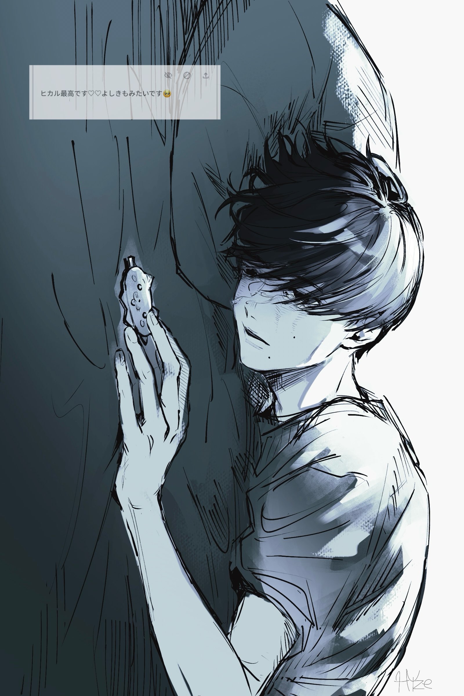 tsujinaka yoshiki, hikaru ga shinda natsu, absurdres, commentary request, highres, 1boy, 21g 21g, crying, crying with eyes open, greyscale, hair ornament, hairclip, male focus, mole, mole on cheek, mole under mouth, monochrome, multiple moles, on bed, parted lips, request inset, short hair, solo, tears, unworn hair ornament, unworn hairclip