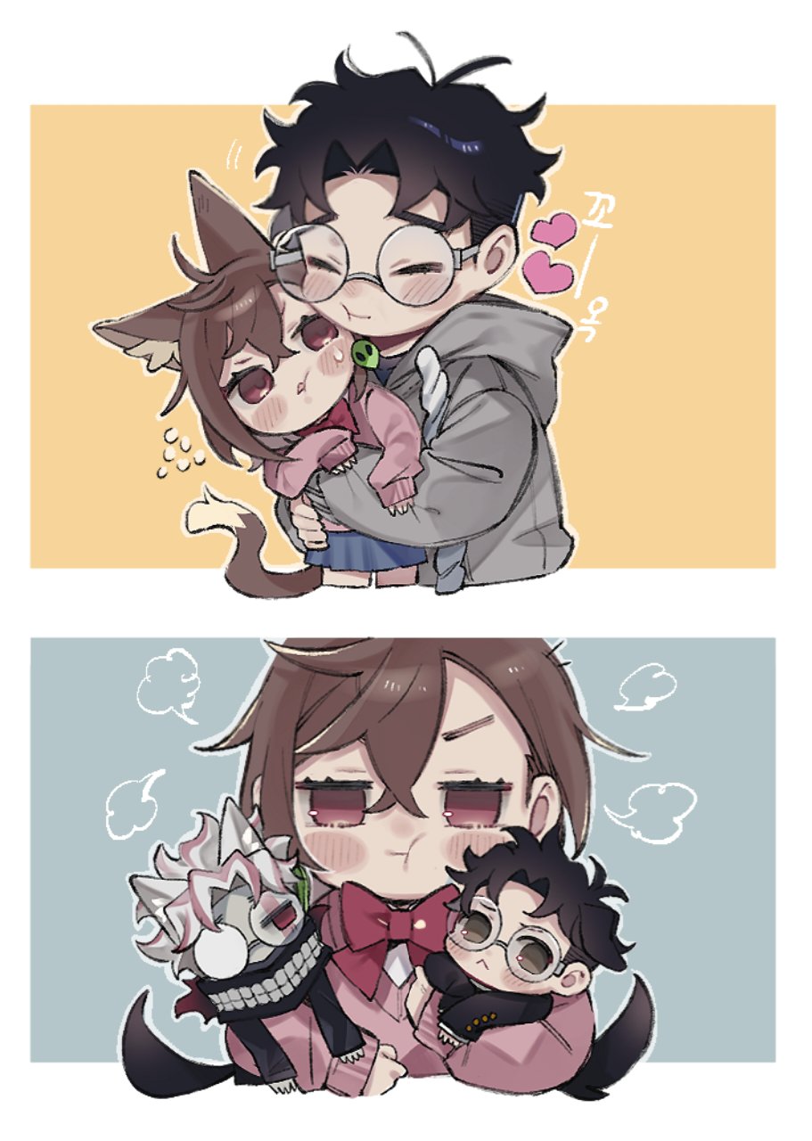 comimingming, ayase momo, takakura ken (dandadan), takakura ken (transformed) (dandadan), dandadan, commentary request, highres, korean commentary, 1girl, 2boys, animal ear fluff, animal ears, black hair, black jacket, blue skirt, blush, blush stickers, bow, bowtie, brown eyes, brown hair, carrying, carrying person, cat ears, cheek press, crossed bangs, dog ears, dog tail, dual persona, earrings, flying sweatdrops, gakuran, glasses, grey hoodie, hair between eyes, heads together, heart, hood, hood down, hoodie, hug, jacket, jewelry, kami high school uniform, kemonomimi mode, long sleeves, mask, miniskirt, mouth mask, multiple boys, pink sweater, pleated skirt, puff of air, red bow, red bowtie, round eyewear, school uniform, shirt, shirt under sweater, short hair, skirt, sweater, tail, transformation, upper body, white hair, white shirt