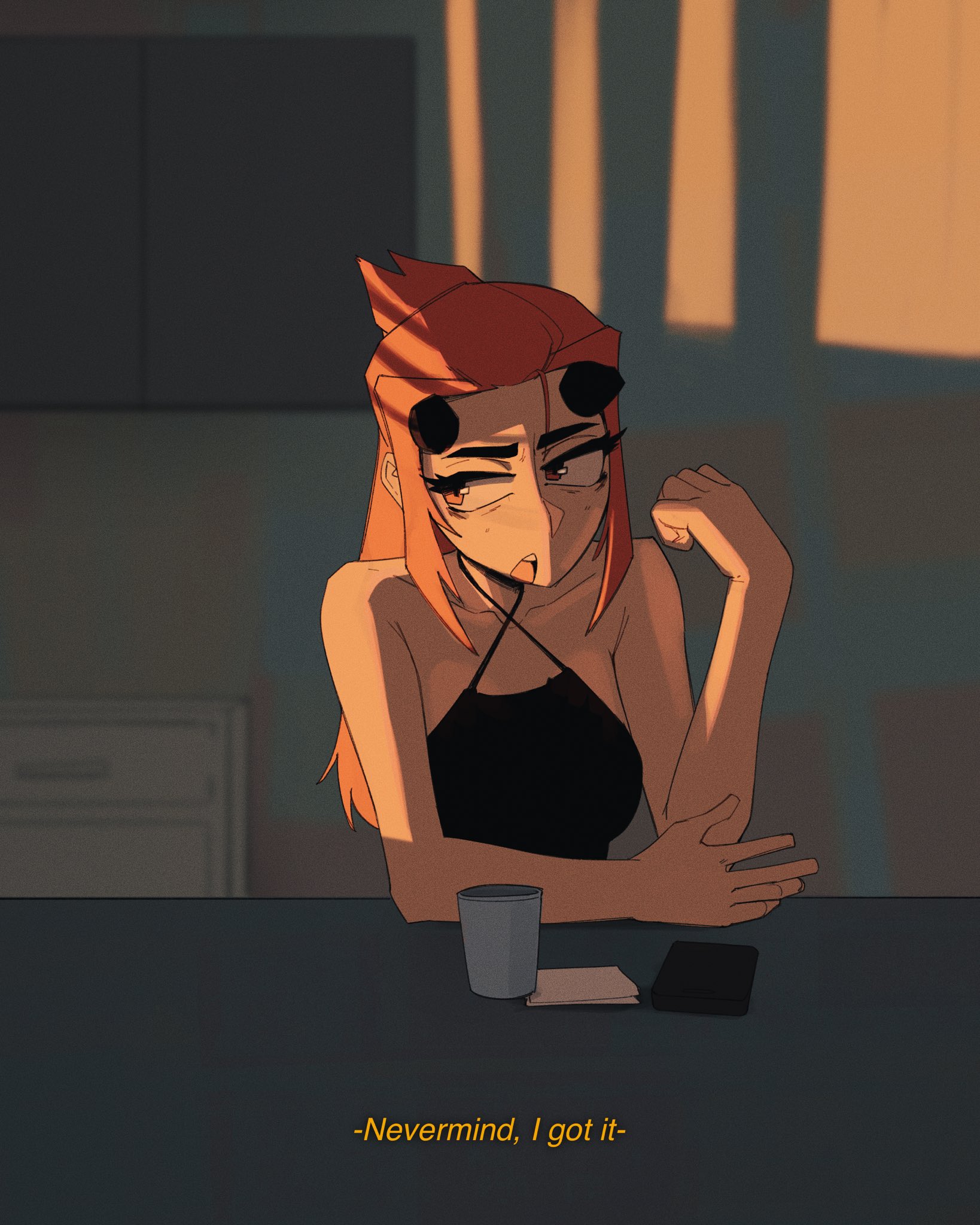 shibansfw, original, highres, 1girl, arm rest, black shirt, breasts, criss-cross halter, cup, english text, facing viewer, halter shirt, halterneck, horns, indoors, long hair, looking to the side, open mouth, orange hair, shirt, sleeveless, sleeveless shirt, small breasts, solo, table, talking