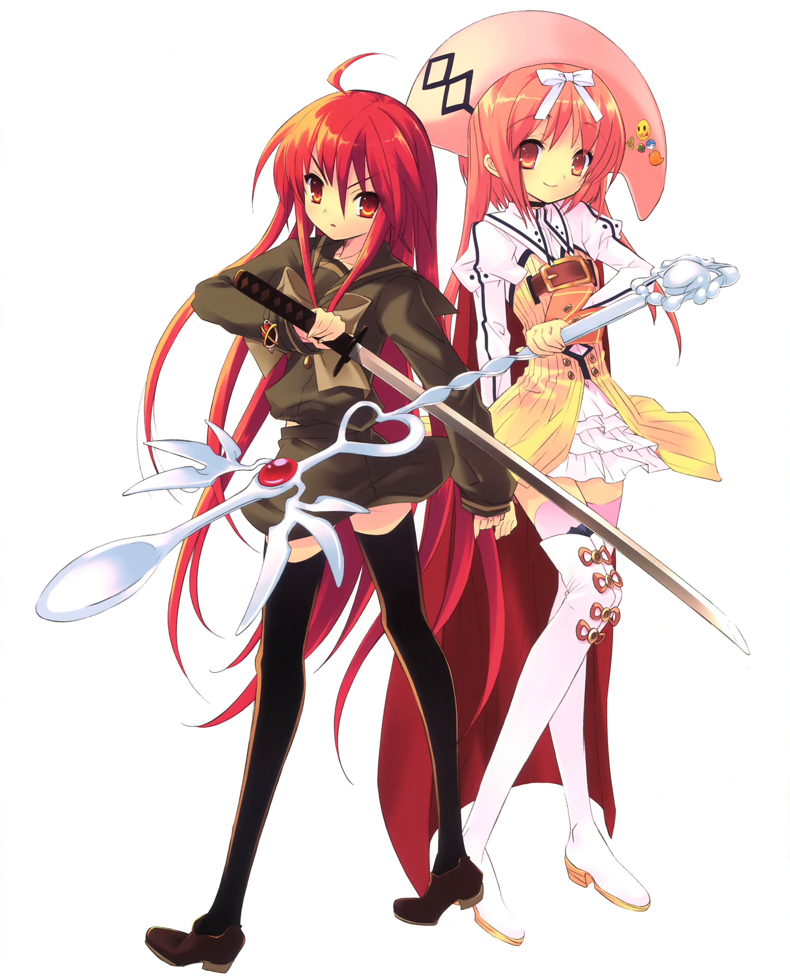 ito noizi, akihime sumomo, alastor (shakugan no shana), shana, nanatsuiro drops, shakugan no shana, absurdres, highres, 00s, 2girls, ahoge, boots, creator connection, jewelry, legs, long hair, multiple girls, pendant, pink eyes, pink hair, red eyes, red hair, school uniform, sword, thigh boots, thighhighs, weapon