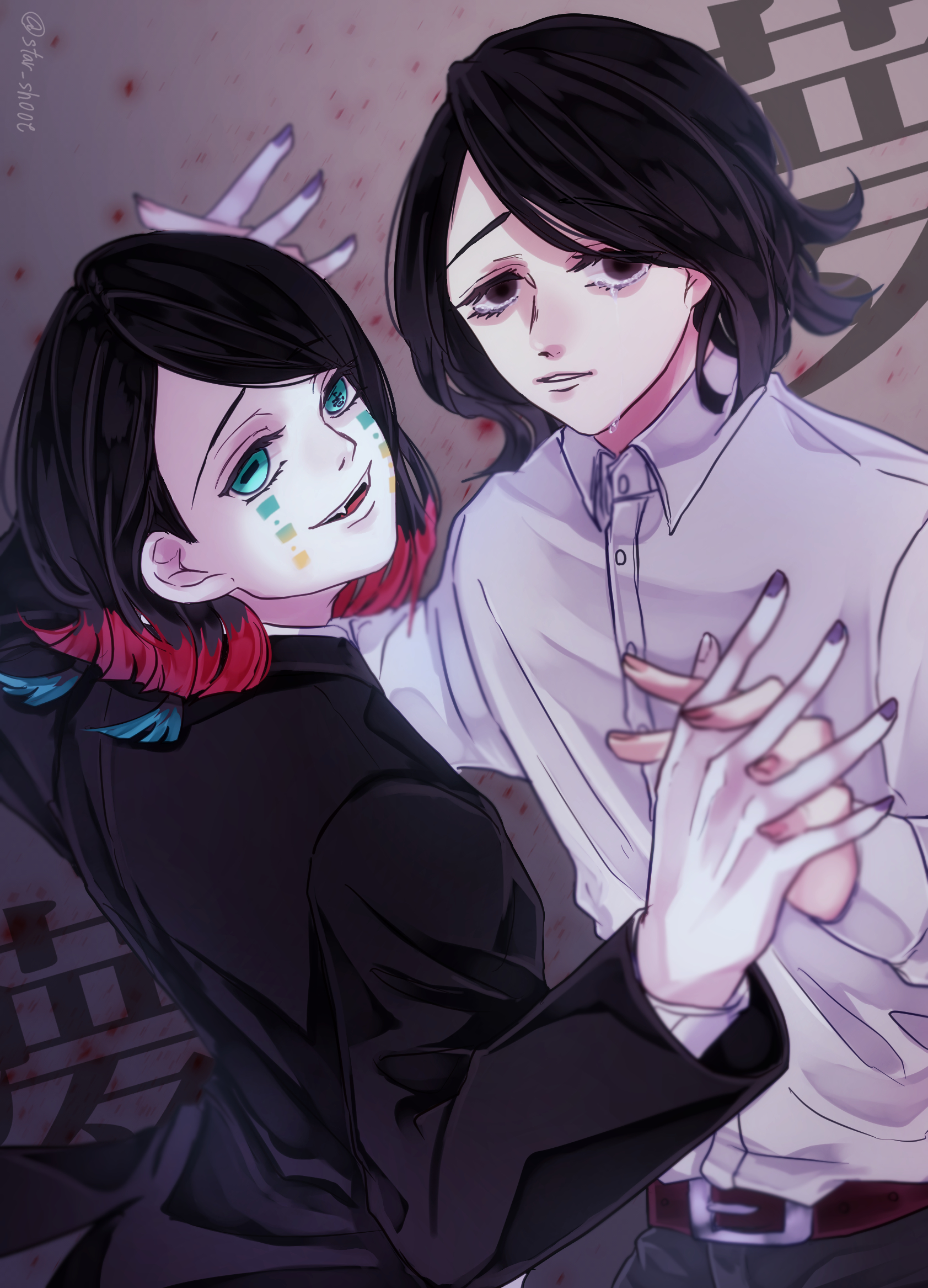 kino (uni sk38), enmu (kimetsu no yaiba), kimetsu no yaiba, commentary request, highres, 2boys, aqua eyes, asymmetrical bangs, belt, black hair, black jacket, black pants, blood, brown background, brown belt, brown eyes, buttons, character name, colored tips, cowboy shot, crying, crying with eyes open, demon boy, dual persona, empty eyes, facial mark, fangs, fingernails, hands up, holding hands, interlocked fingers, jacket, light persona, long sleeves, looking at viewer, looking back, male focus, medium hair, multicolored hair, multiple boys, open mouth, pants, parted lips, purple nails, shirt, smile, suit jacket, symbol-shaped pupils, tears, tears facial mark, teeth, trap, twitter username, undershirt, white shirt