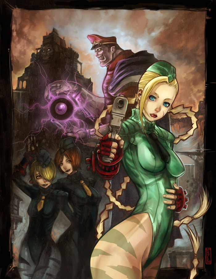 elsevilla, cammy white, juli (street fighter), juni (street fighter), m. bison, capcom, street fighter, bad deviantart id, bad id, 1boy, 3girls, blonde hair, blue leotard, braid, brown hair, camouflage, fingerless gloves, garrison cap, gloves, gun, hat, leotard, lips, multiple girls, necktie, sleeved leotard, smile, twin braids, weapon