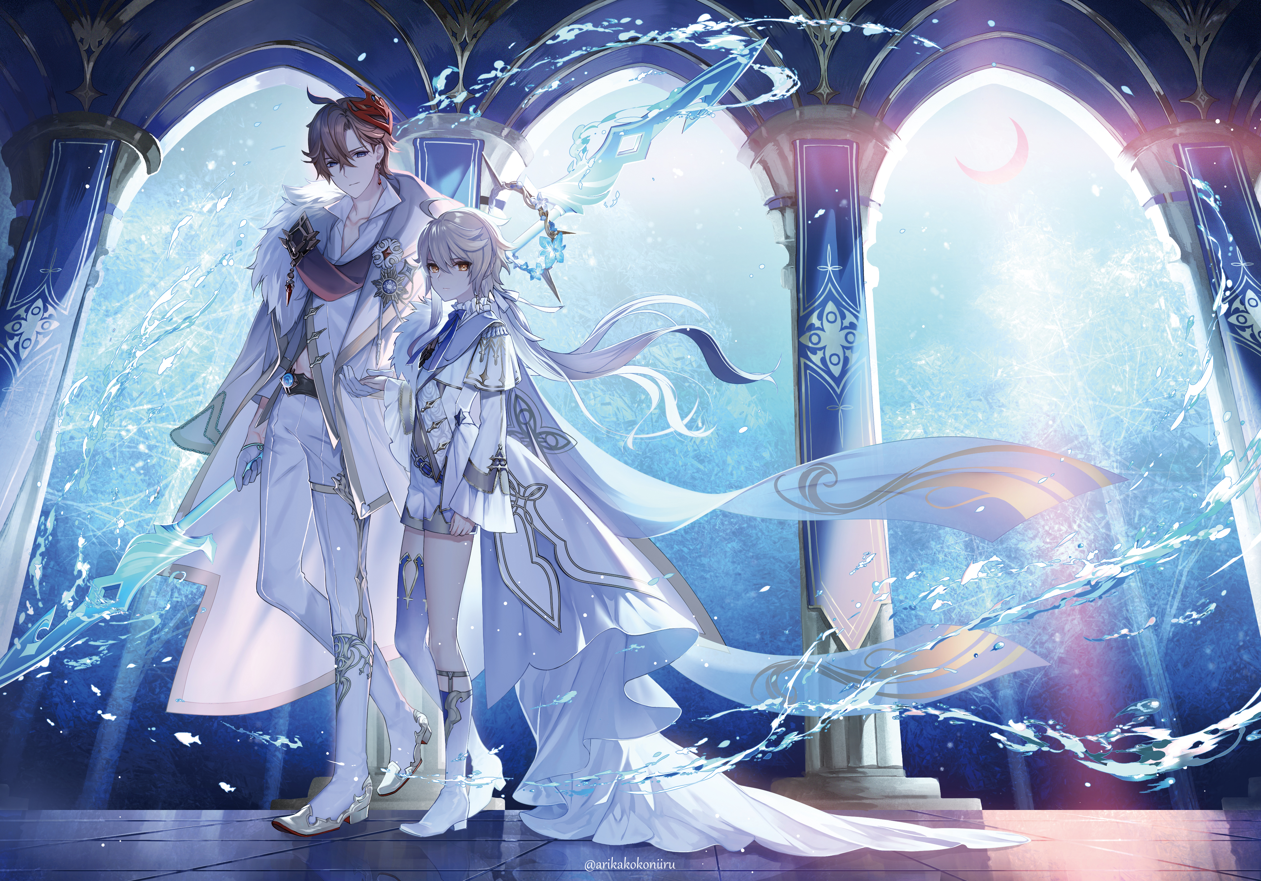 arika (arikakokoniiru), aether (genshin impact), tartaglia (genshin impact), genshin impact, absurdres, commentary request, highres, 2boys, ahoge, blonde hair, closed mouth, fatui logo, fur trim, gloves, holding, holding hands, holding weapon, long sleeves, looking at viewer, male focus, mask, mask on head, multiple boys, shorts, thigh strap, vision (genshin impact), walking, water, watermark, weapon, white gloves, yellow eyes