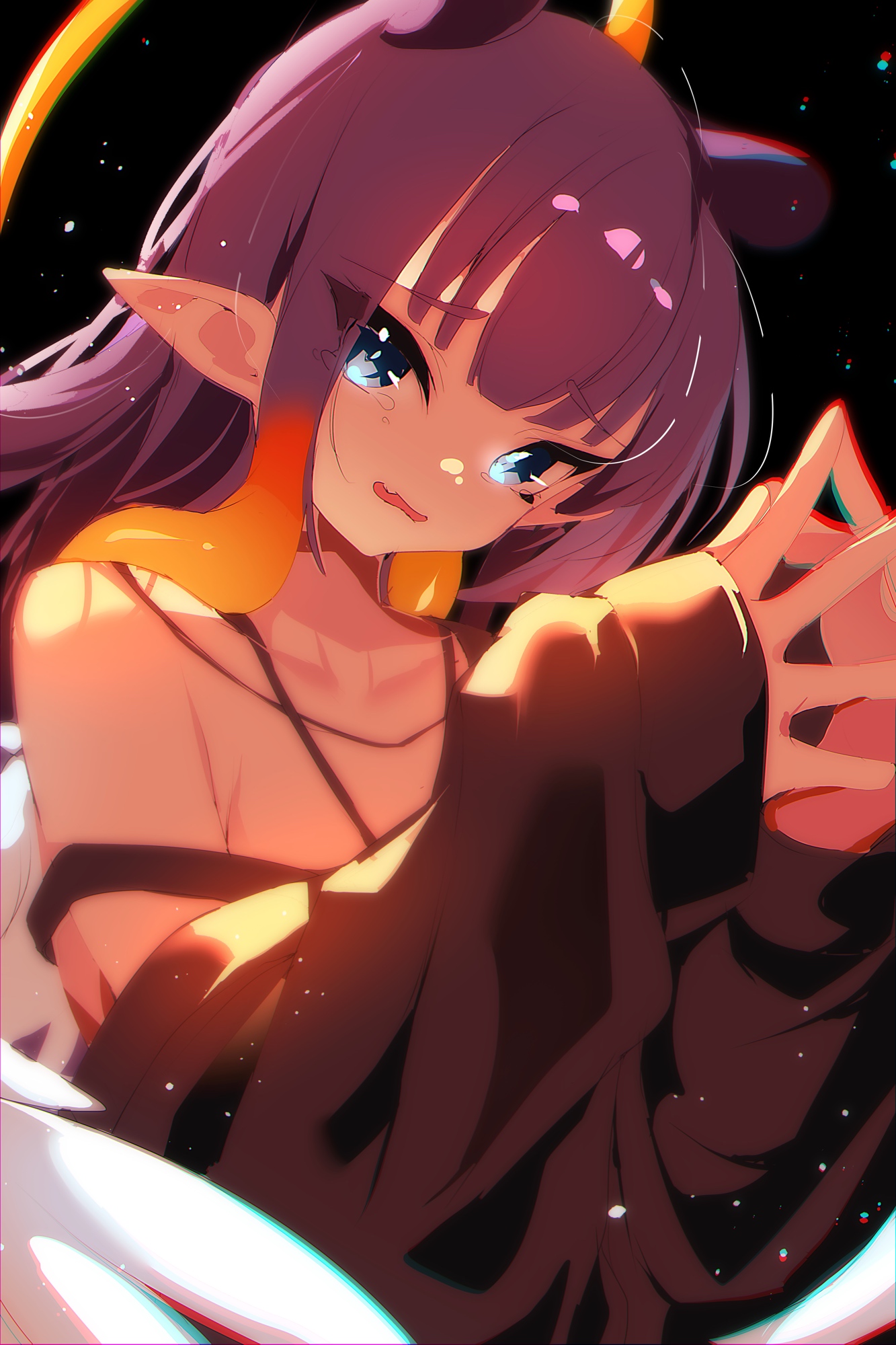 the0neulost, ninomae ina'nis, hololive, hololive english, commentary, english commentary, highres, 1girl, black background, blue eyes, blunt bangs, gradient hair, long hair, looking at viewer, multicolored hair, nervous, pointy ears, purple hair, sidelocks, single bare shoulder, solo, steepled fingers, sweater, tentacle hair, upper body, virtual youtuber, white wings, wings