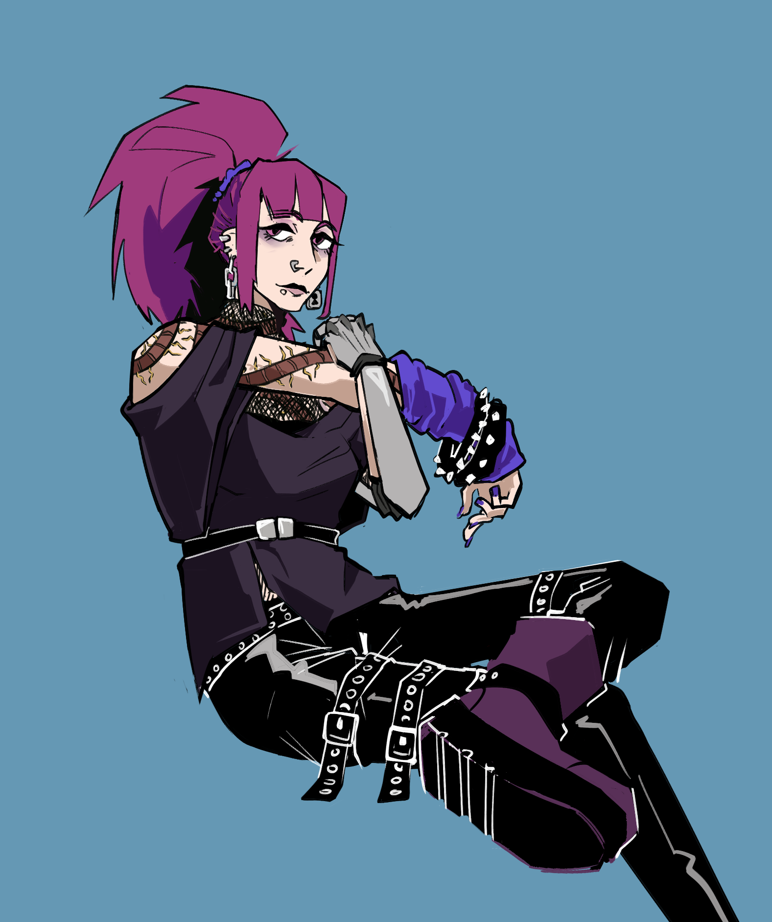 dragonymango, commentary, english commentary, highres, 1girl, belt, blue background, boots, bracelet, earrings, face piercing, figure four sitting, fishnets, foot out of frame, invisible chair, jewelry, lip piercing, looking at viewer, nose piercing, nose ring, of the devil, piercing, prosthesis, prosthetic arm, purple hair, purple scrunchie, scrunchie, sitting, stretching, stud piercings, studded bracelet, tattoo, yumi sato