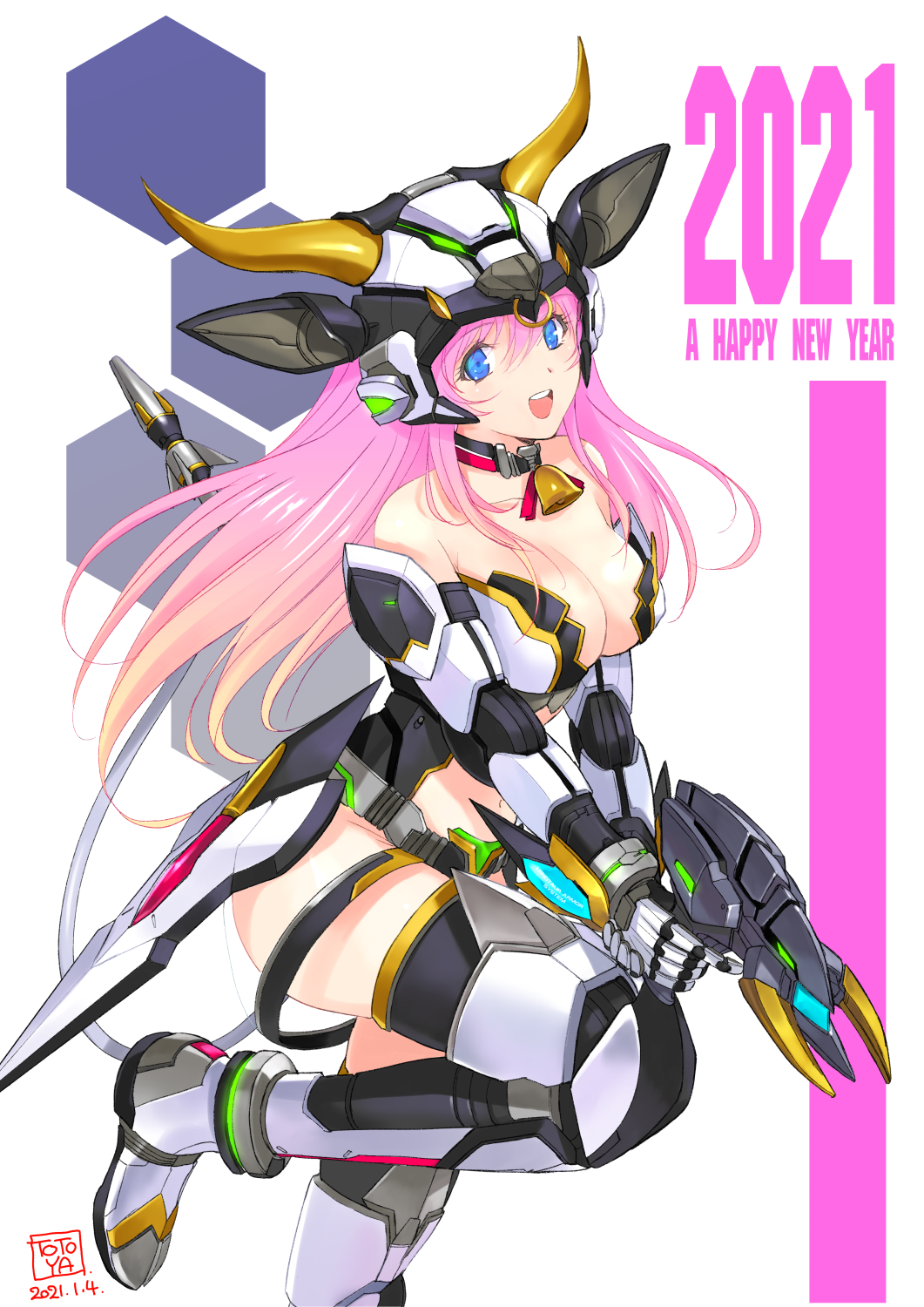 judy totoya, original, commentary request, highres, 1girl, 2021, animal ear helmet, animal ears, animal helmet, armor, armored boots, artist name, bare shoulders, bell, blue eyes, boots, breasts, chinese zodiac, cleavage, collar, cow ears, dated, energy gun, fake animal ears, fake horns, gauntlets, gun, happy new year, helmet, holding, holding gun, holding weapon, horns, large breasts, leg up, long hair, looking at viewer, navel, neck bell, new year, open mouth, pink hair, smile, solo, standing, standing on one leg, teeth, thighs, two-handed, upper teeth only, weapon, year of the ox
