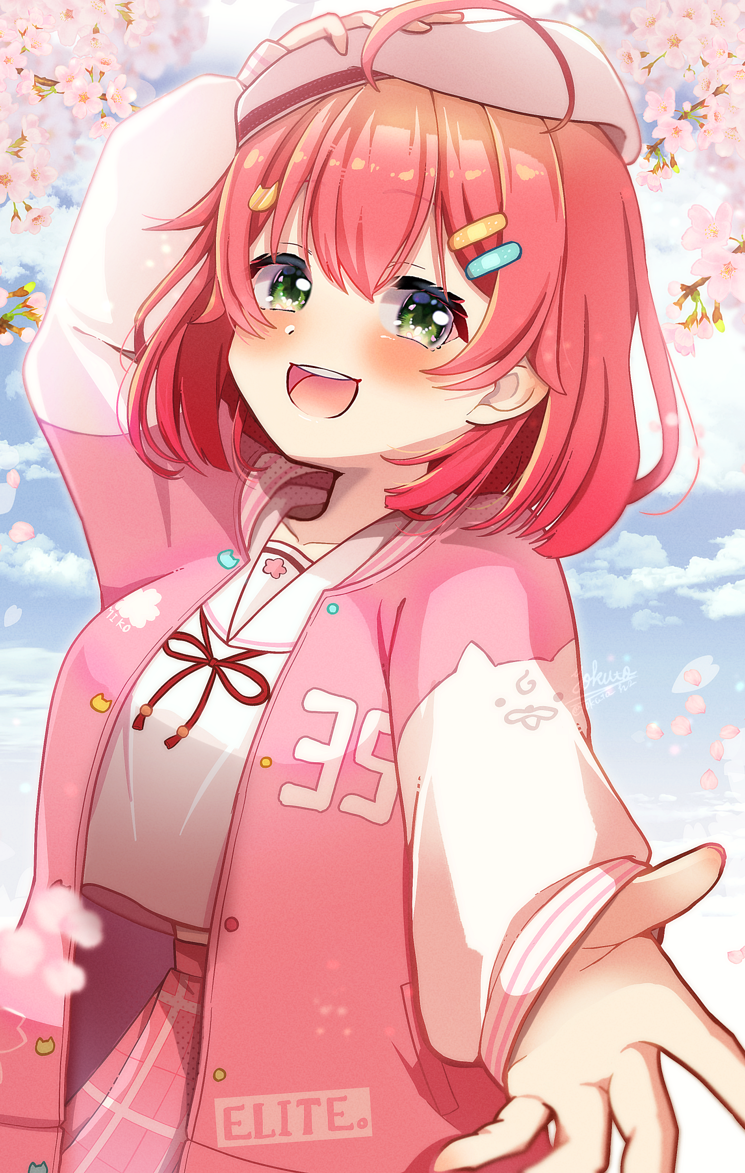 yokuto, sakura miko, sakura miko (school uniform), hololive, commentary request, highres, 1girl, ahoge, beret, cardigan, cherry blossoms, green eyes, hair ornament, hairpin, hat, looking at viewer, medium hair, official alternate costume, open mouth, outstretched arm, pink cardigan, pink hair, pink hat, shirt, smile, solo, teeth, upper teeth only, virtual youtuber, white shirt