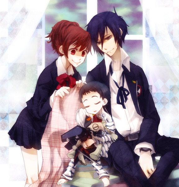 sorakara, orpheus, pharos, thanatos, atlus, persona, persona 3, persona 3 portable, yuuki makoto, resized, black hair, blanket, blue eyes, blue hair, bow, brown hair, female protagonist (persona 3), pixiv thumbnail, red eyes, school uniform, short hair, skirt, smile