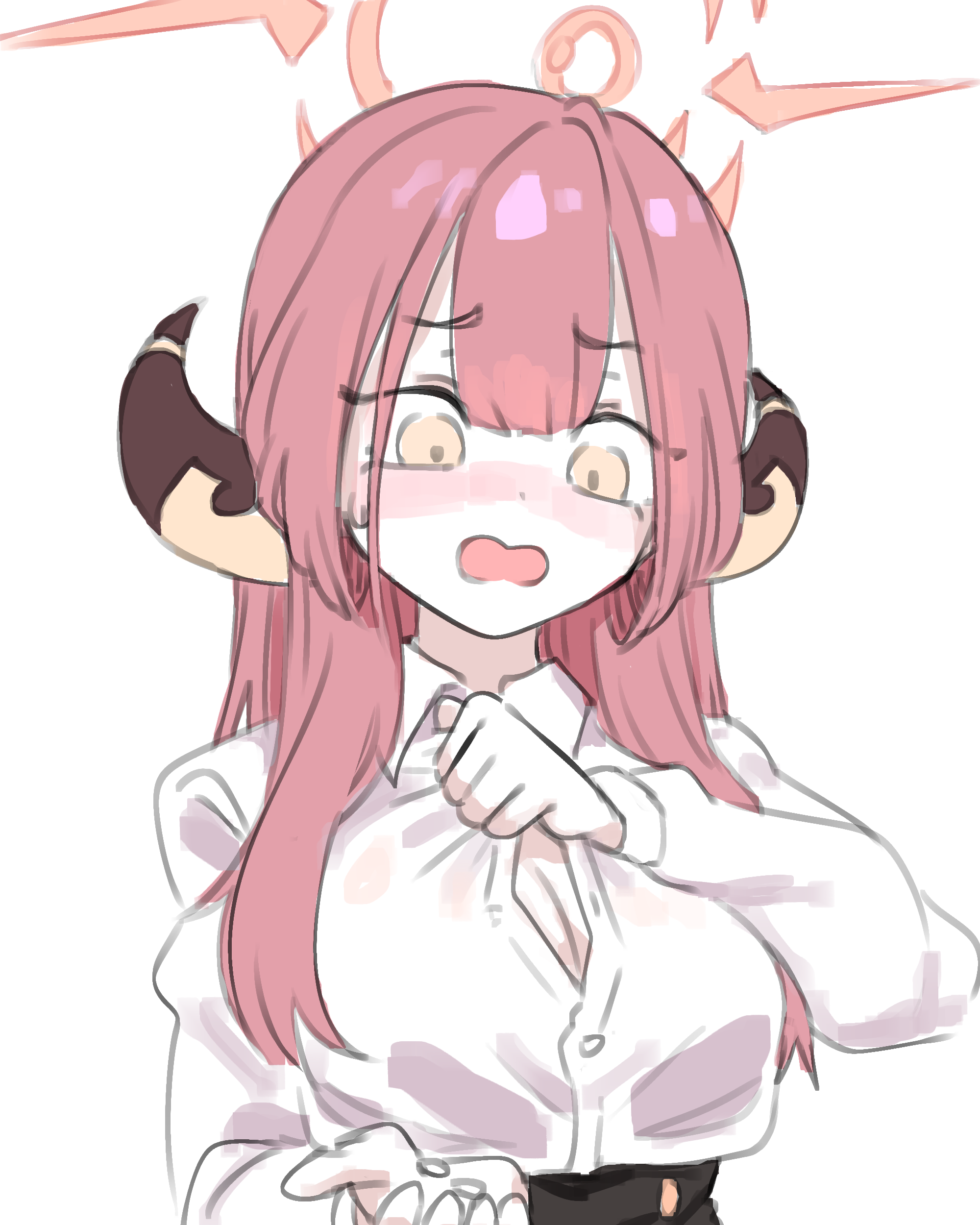 neophyte, aru (blue archive), blue archive, absurdres, commentary, highres, 1girl, :o, breasts, cleavage, demon horns, dress shirt, halo, horns, long hair, looking down, medium breasts, partially unbuttoned, pink hair, shirt, shirt tucked in, simple background, solo, sweatdrop, upper body, white background, white shirt