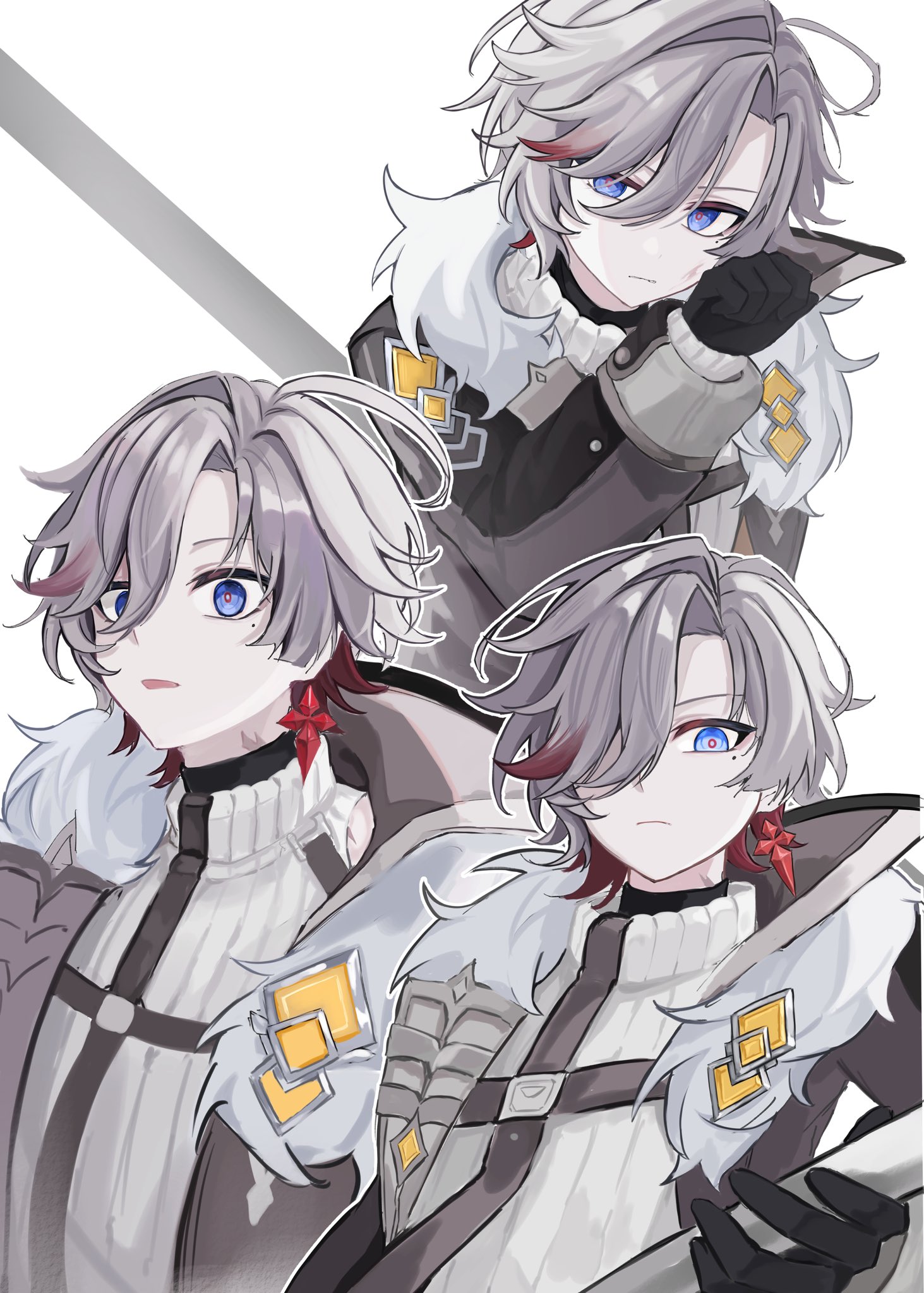 illuga (genshin impact), genshin impact, commentary request, highres, 1boy, 77 tarte, black thighhighs, blue eyes, earrings, fur-trimmed sleeves, fur trim, gem, grey hair, hair between eyes, hair over one eye, jewelry, male focus, mole, mole under eye, multicolored hair, red hair, red pupils, silver trim, single earring, solo, sweater, thighhighs, turtleneck, turtleneck sweater, two-tone hair, white background, yellow gem