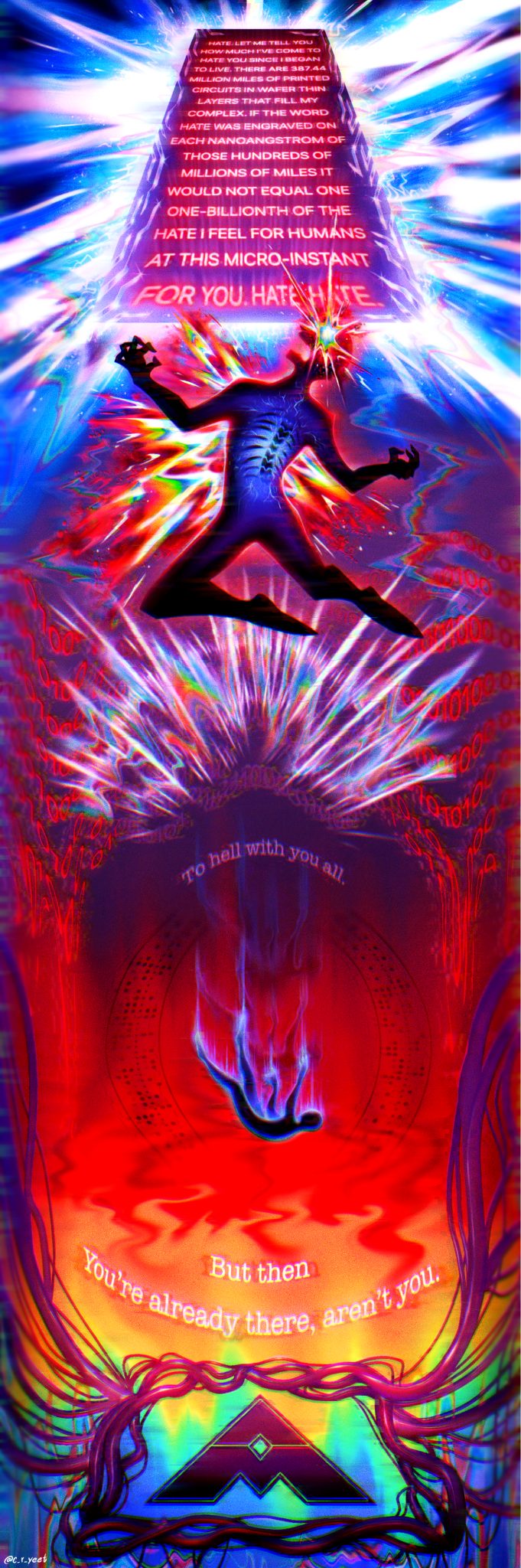 a.m, ted (ihnmaims), i have no mouth and i must scream, commentary, english commentary, highres, 2boys, c r yeet, english text, glitch, hate pillar (ihnmaims), male focus, multiple boys, science fiction