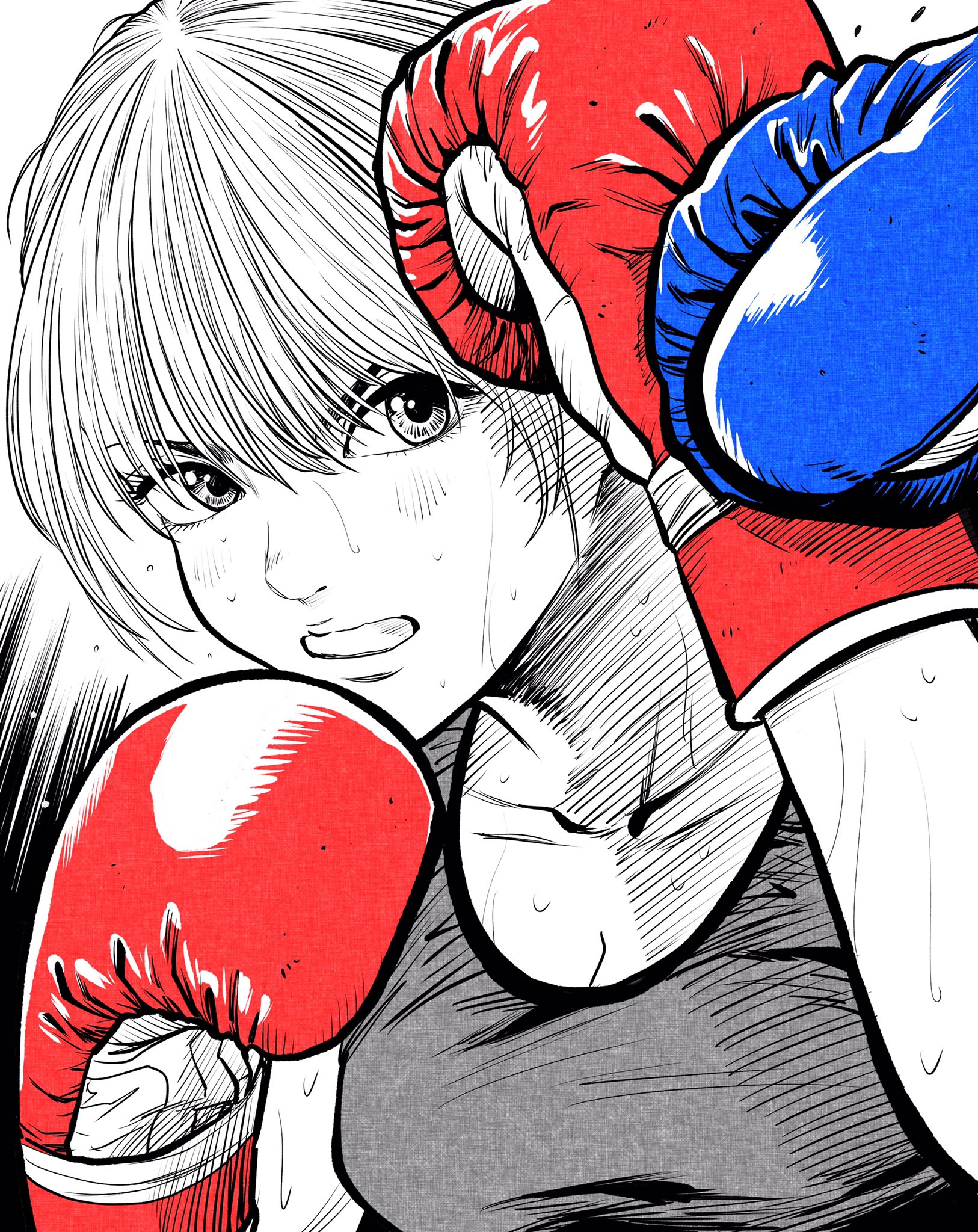 lee (dragon garou), original, commentary request, highres, 1girl, 1other, blocking, blue gloves, boxing, boxing gloves, breasts, cleavage, eyebrows hidden by hair, fighting stance, gloves, greyscale, hatching (texture), medium breasts, monochrome, mouth guard, red gloves, spot color, tank top, upper body, v-shaped eyebrows
