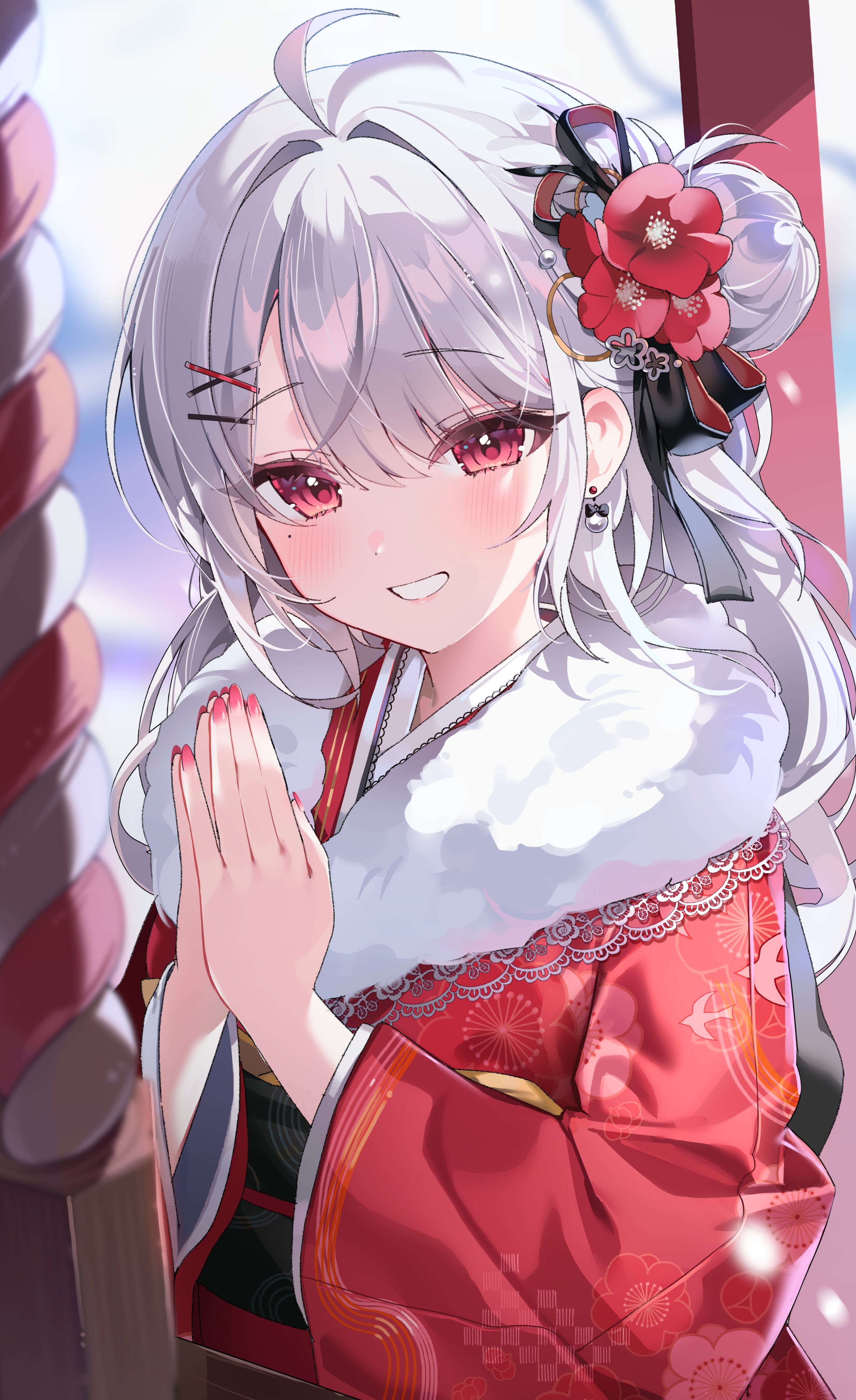 kithera, hanamiya rica, indie virtual youtuber, absurdres, commentary request, highres, 1girl, ahoge, blush, fingernails, flower, fur scarf, grey hair, grin, hair bun, hair ornament, hairclip, hands up, hatsumoude, japanese clothes, kanzashi, kimono, long hair, long sleeves, looking at viewer, mole, mole under eye, nail polish, new year, own hands together, palms together, parted bangs, print kimono, red eyes, red flower, red kimono, red nails, smile, solo, upper body, virtual youtuber, wide sleeves, x hair ornament