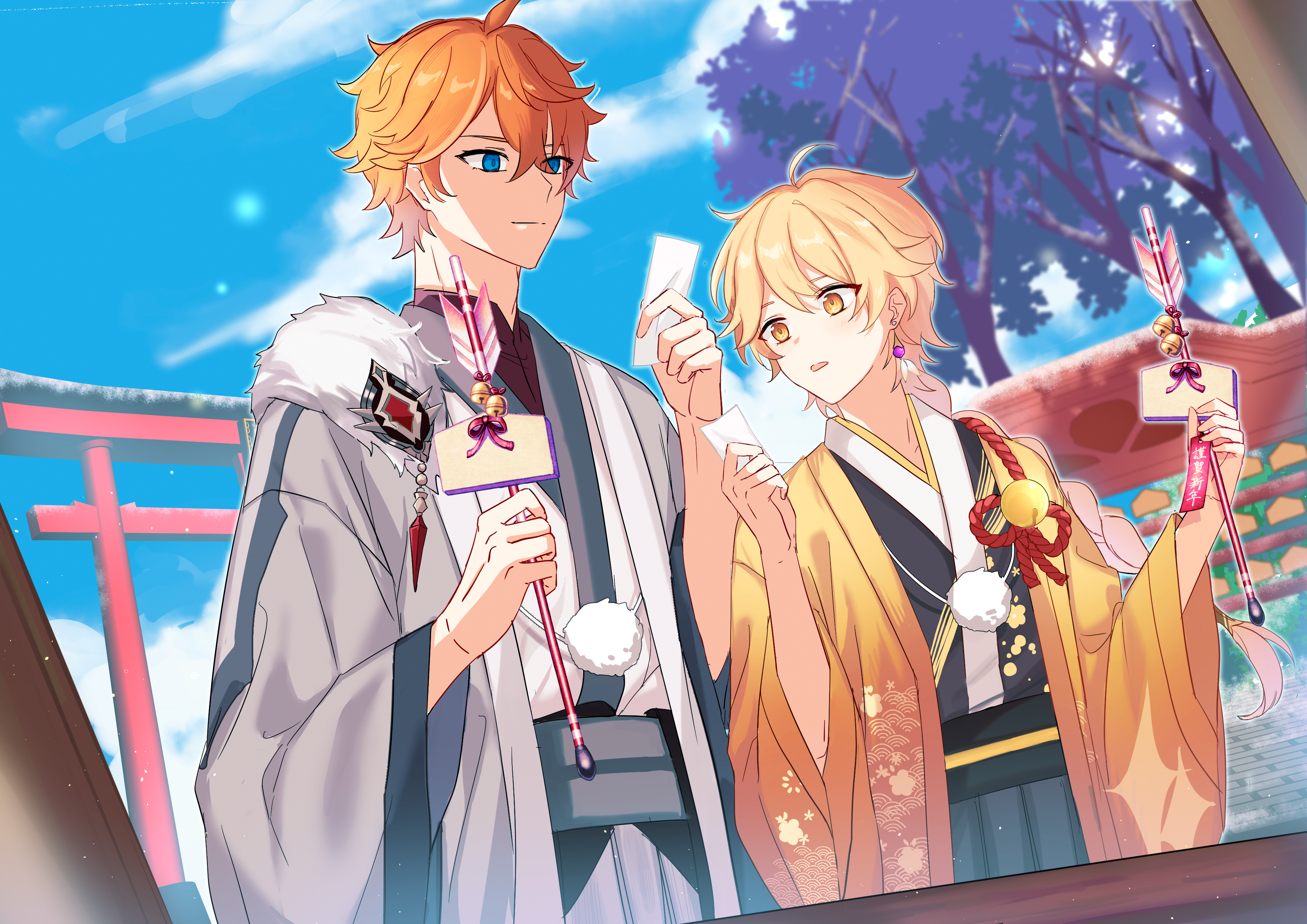 inkka, aether (genshin impact), tartaglia (genshin impact), genshin impact, absurdres, highres, 2boys, blonde hair, blue eyes, braid, closed mouth, earrings, holding, holding paper, japanese clothes, jewelry, kimono, long sleeves, looking at object, male focus, multiple boys, open mouth, orange hair, paifang, paper, single braid, single earring, tree, yellow eyes