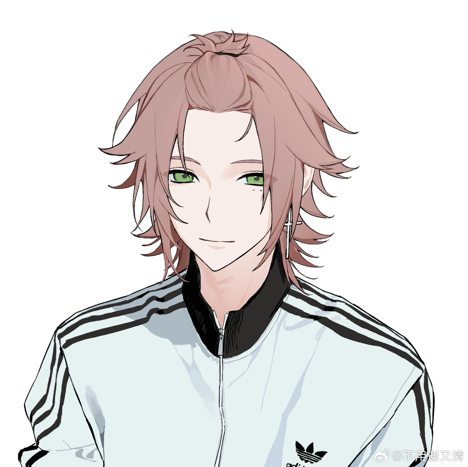 xie youqing, original, chinese commentary, commentary request, highres, 1boy, closed mouth, green eyes, jacket, looking at viewer, male focus, shirt, short hair, simple background, smile, solo, white background, white shirt