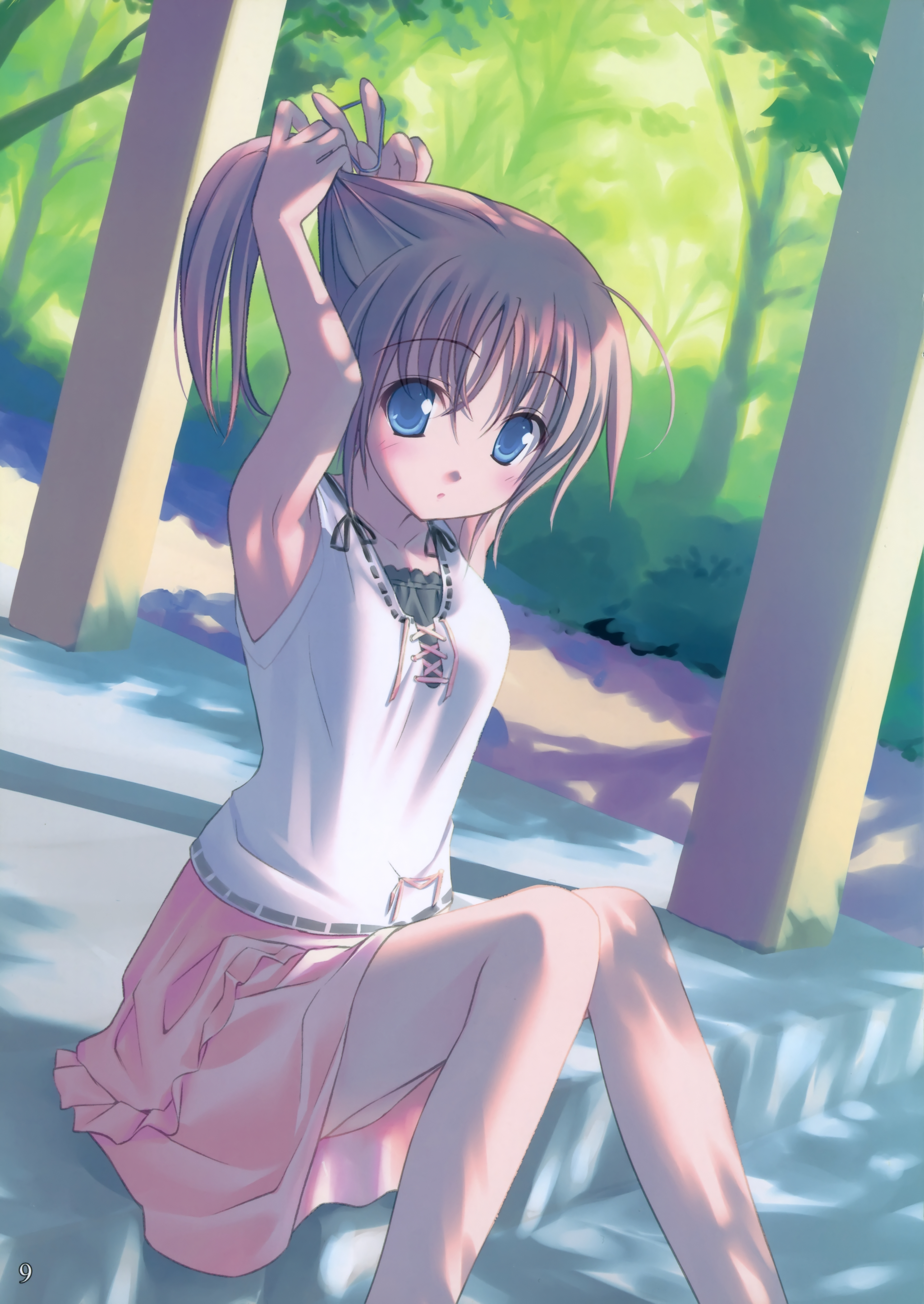 takoyaki (roast), original, absurdres, highres, 1girl, adjusting hair, armpits, arms up, blue eyes, female focus, long hair, sitting, skirt, sleeveless, solo, tree