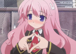 himeji mizuki, baka to test to shoukanjuu, animated, animated gif, anime screenshot, lowres, 1girl, blue eyes, blush, female focus, fidgeting, hair ornament, heart, heart hands, long hair, pink hair, rabbit, rabbit hair ornament, solo