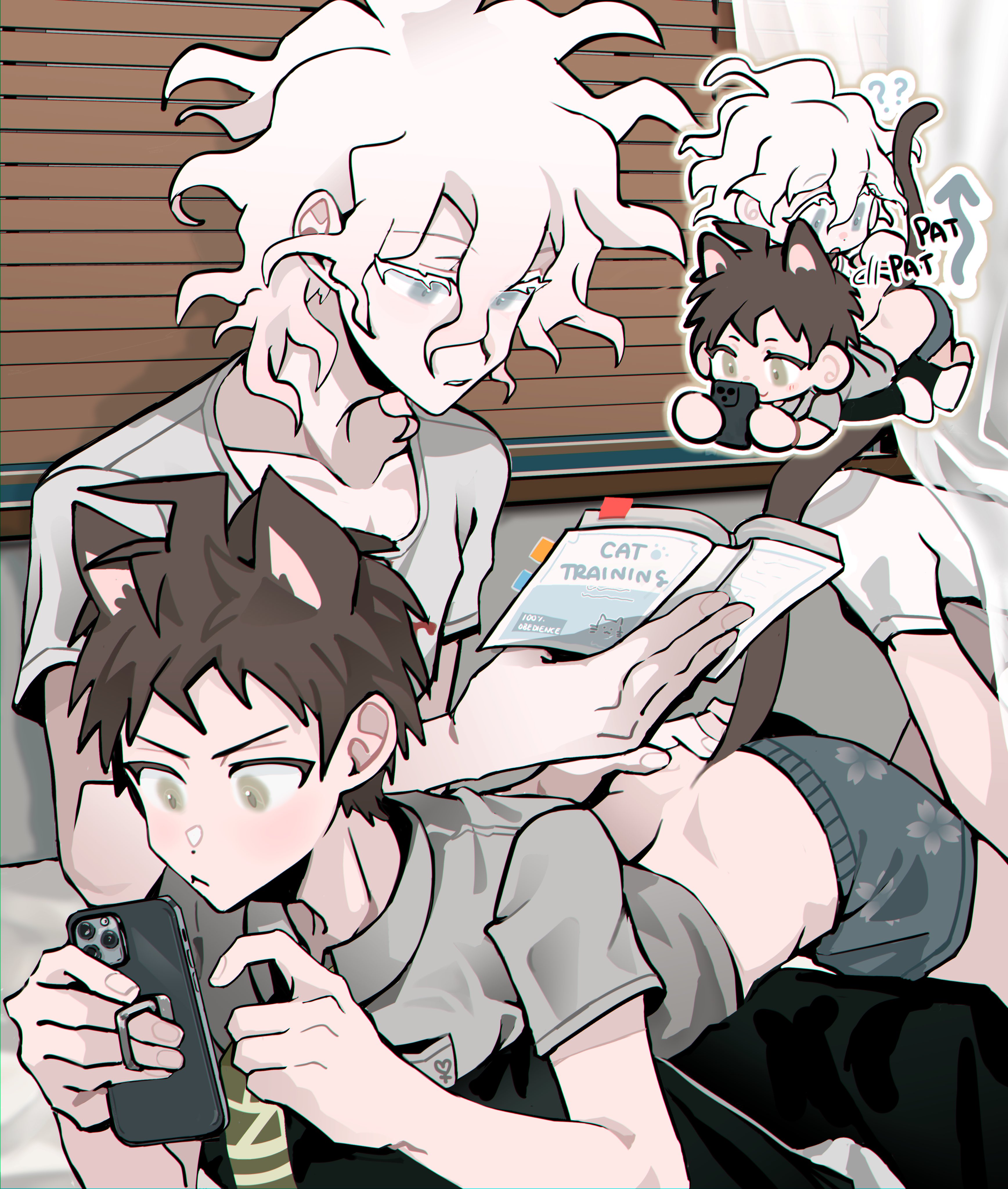 okamotoo, hinata hajime, komaeda nagito, danganronpa (series), danganronpa 2: goodbye despair, absurdres, commentary, highres, symbol-only commentary, 2boys, :<, ?, ??, ahoge, animal ears, arrow (symbol), blue eyes, blue male underwear, book, breast pocket, brown hair, cat ears, cat tail, chibi, chibi inset, collarbone, collared shirt, colored eyelashes, green eyes, green necktie, hair between eyes, hand on another's ass, holding, holding book, holding phone, looking at phone, lying on lap, lying on person, male focus, male underwear, messy hair, multiple boys, necktie, on lap, parted lips, phone, pocket, reading, shirt, tail, top-down bottom-up, underwear, white eyelashes, white hair, yaoi