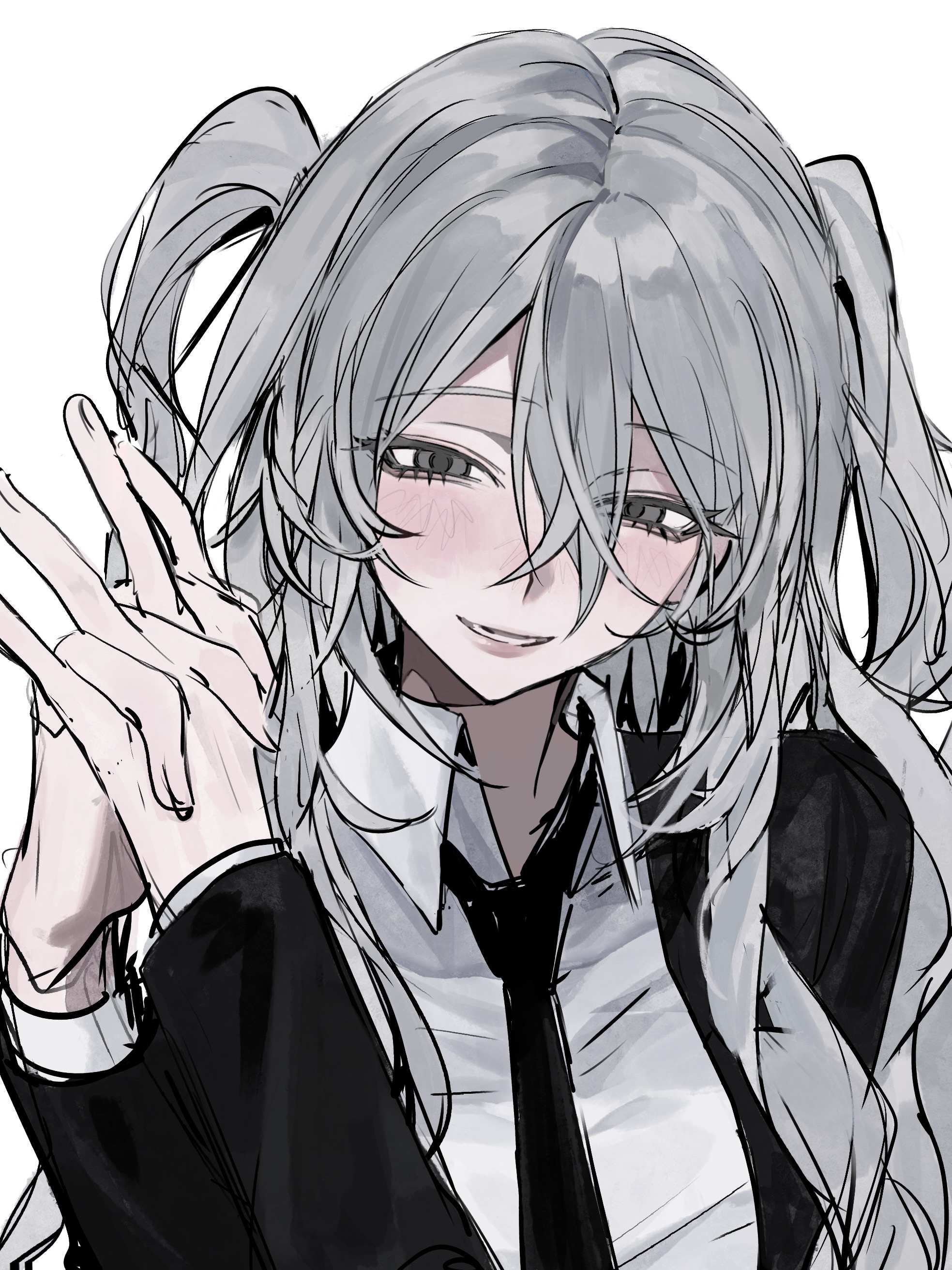 absurdres, highres, 1girl, black necktie, breasts, grey eyes, grey hair, long sleeves, looking at viewer, necktie, simple background, smile, solo, white background