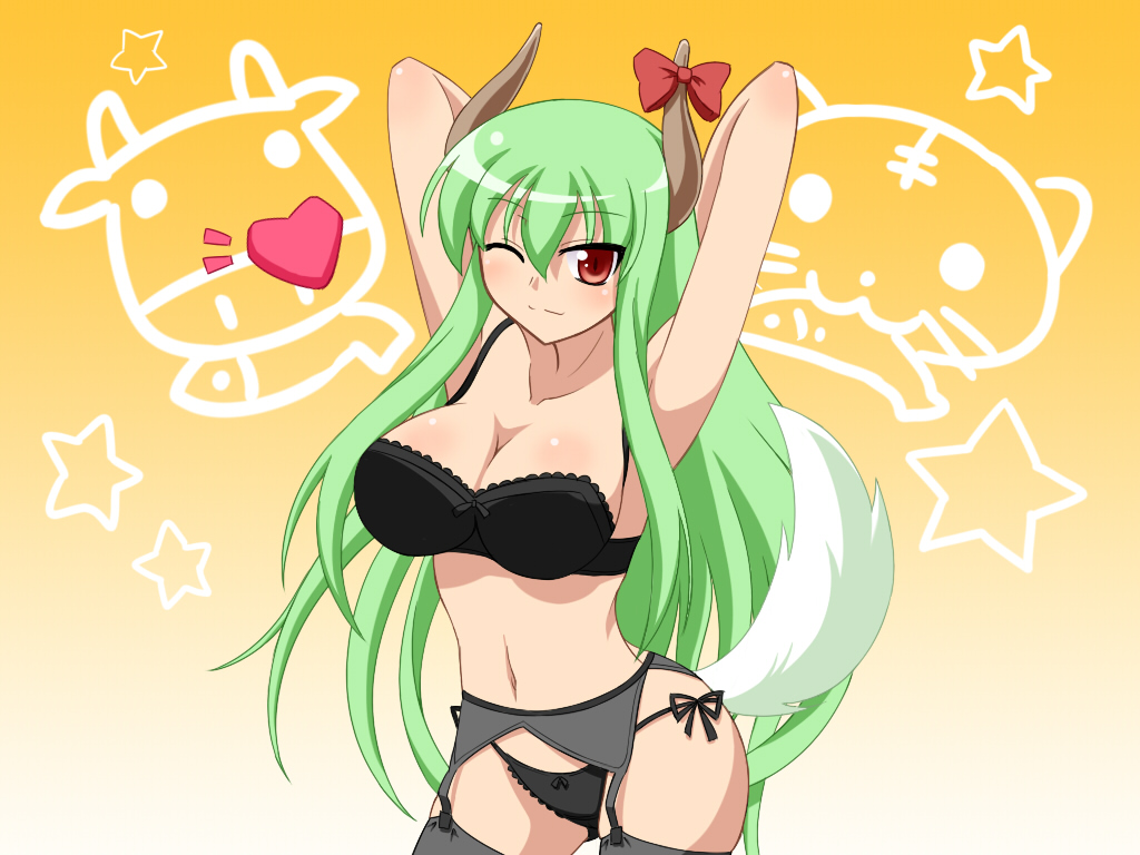 john (nakoto), ex-keine, kamishirasawa keine, touhou, 1girl, arms up, black bra, black panties, black thighhighs, bow, bow bra, bow panties, bra, breasts, buri hamachi, cleavage, female focus, garter belt, green hair, heart, hip focus, horns, large breasts, lingerie, long hair, one eye closed, panties, red eyes, side-tie panties, smile, solo, tail, thighhighs, thighs, underwear, underwear only, wide hips, wink