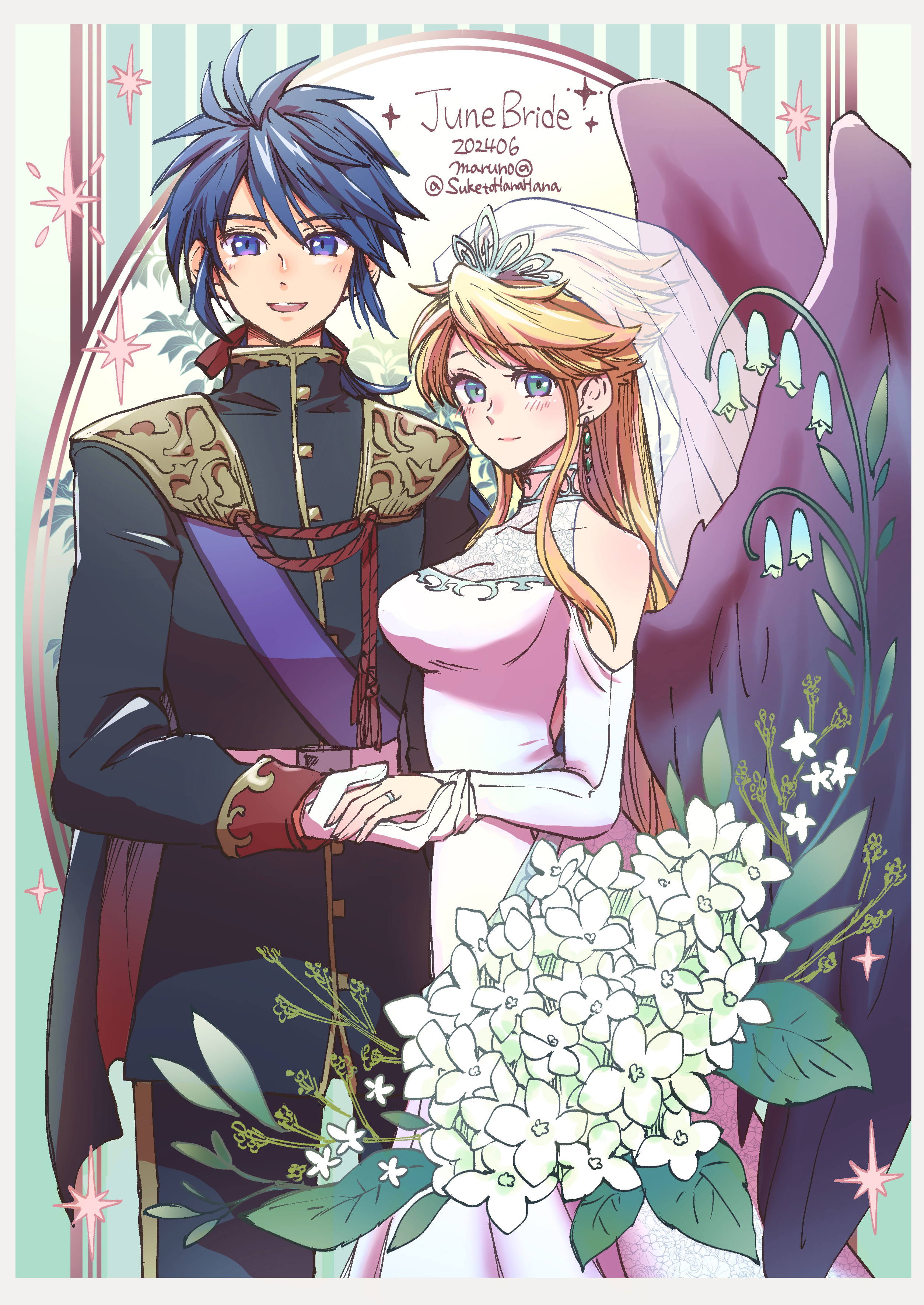 maruno, nina (breath of fire ii), ryu (breath of fire ii), breath of fire, breath of fire ii, absurdres, commentary, highres, 1boy, 1girl, bare shoulders, bird wings, black wings, blonde hair, blue eyes, blue hair, blush, breasts, bridal veil, collarbone, detached sleeves, dress, earrings, flower, husband and wife, jewelry, large breasts, long hair, long sleeves, ring, tiara, veil, wedding, wedding dress, wedding ring, white dress, wings