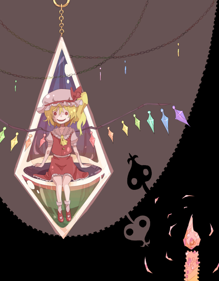 sou (tuhut), flandre scarlet, touhou, bad id, bad pixiv id, 1girl, blonde hair, crystal, demon wings, female focus, full body, hat, looking at viewer, mob cap, puffy short sleeves, puffy sleeves, red eyes, short sleeves, side ponytail, solo, standing, stick, wings