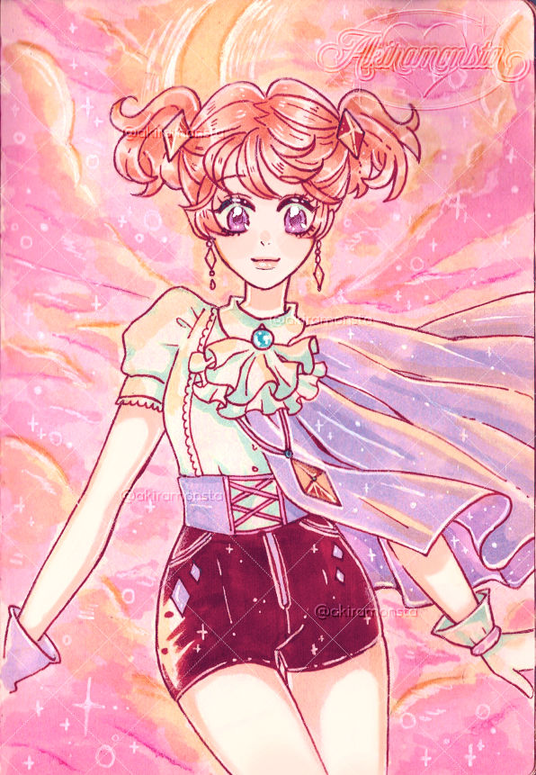 vanilla mieux, sugar sugar rune, commentary, english commentary, 1girl, akiramonsta, blonde hair, closed mouth, cross-laced clothes, earrings, gloves, jewelry, looking at viewer, pendant, puffy short sleeves, puffy sleeves, purple eyes, short sleeves, shorts, sidelocks, smile, solo, sparkle, twintails, white gloves