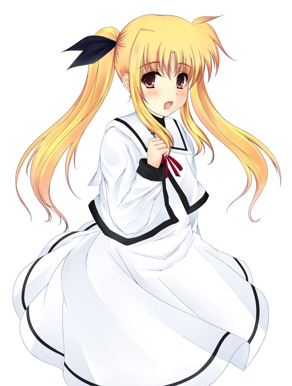 rennkuu, fate testarossa, lyrical nanoha, mahou shoujo lyrical nanoha, mahou shoujo lyrical nanoha a's, highres, 1girl, blonde hair, blush, female focus, hair ribbon, long hair, open mouth, red eyes, ribbon, school uniform, solo, twintails