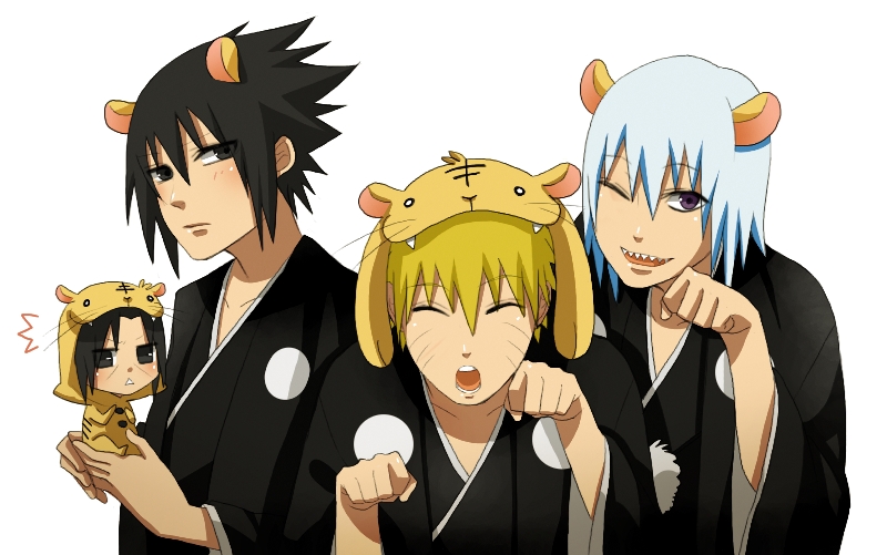senra sana, hoozuki suigetsu, uchiha itachi, uchiha sasuke, uzumaki naruto, naruto (classic), naruto (series), naruto shippuuden, 4boys, animal ears, male focus, multiple boys, tiger