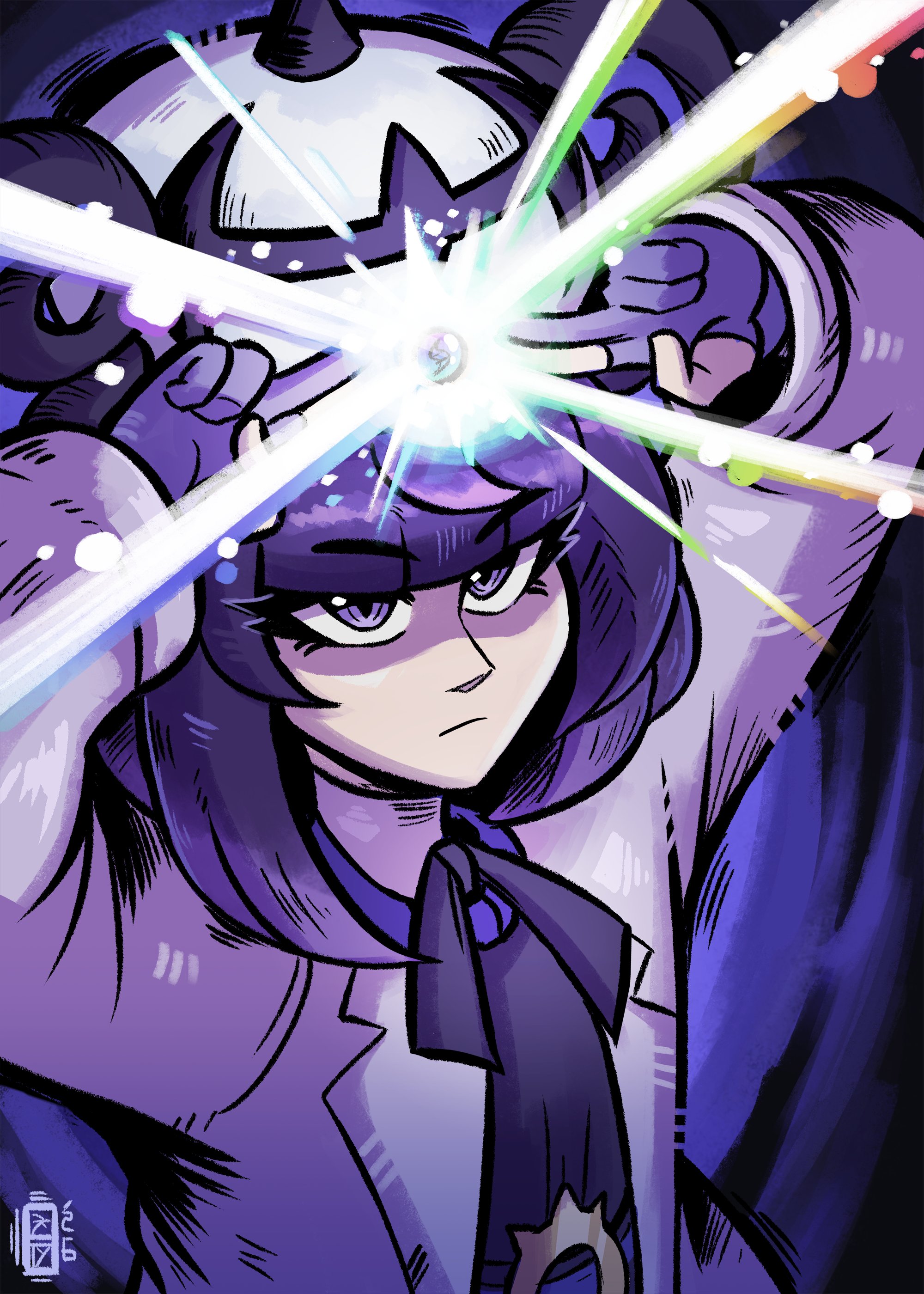 scruffyturtles, gwynn (pokemon), nintendo, pokemon, pokemon legends: z-a, absurdres, commentary, english commentary, highres, 1girl, belt, black dress, black hair, blue gloves, blunt bangs, bob cut, closed mouth, coat, dress, gloves, glowing, gradient hair, hat, long sleeves, mega stone, multicolored hair, o-ring, o-ring belt, open clothes, open coat, partially fingerless gloves, purple eyes, purple hair, short hair, solo, white coat